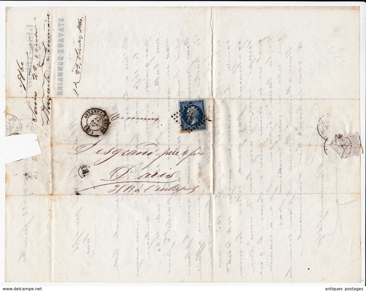 Lettre 1860 Avesnes Sur Helpe Nord Stavaux Bonnaire Filature Laine Wool Timbre Napoléon III 20 Centimes - 1853-1860 Napoleon III