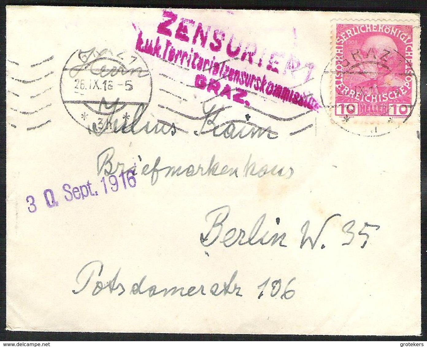 AUSTRIA WW-I Briefumschlag GRAZ Und Zensur GRAZ 1916 Nach Deutschland  / Censured Envelope - Brieven En Documenten