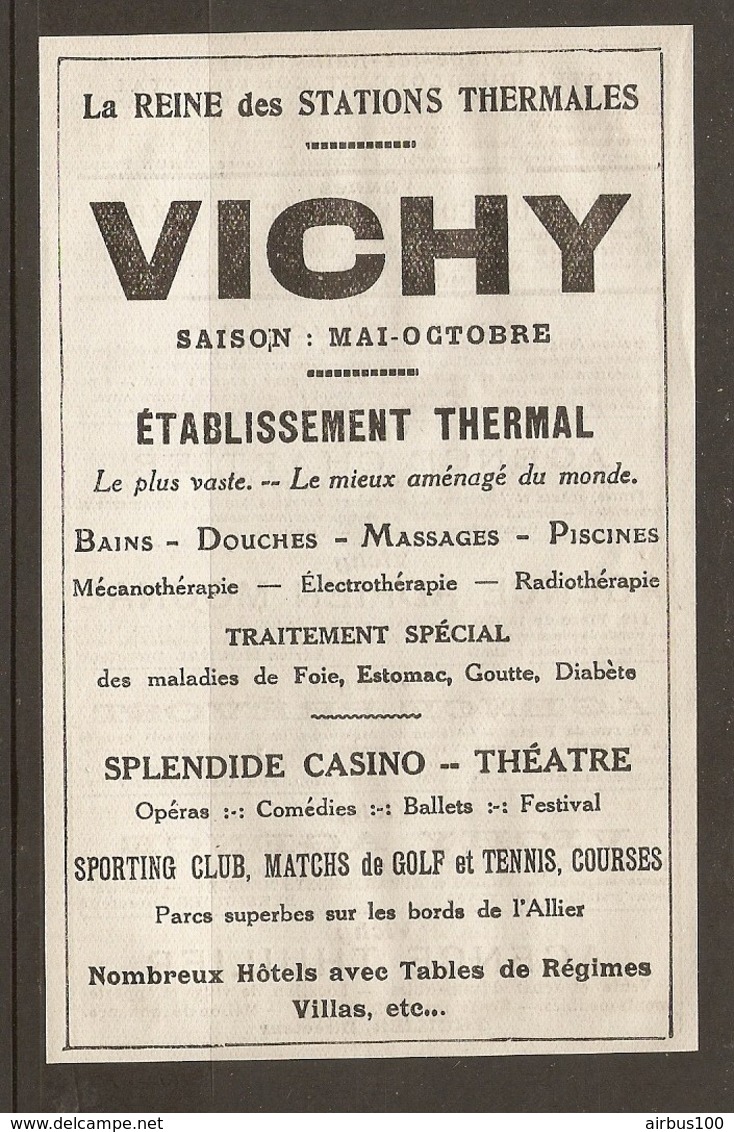 PUBLICITE 1925 - VICHY LA REINE Des STATIONS THERMALES - SPLENDIDE CASINO THEATRE - MECANOTHERAPIE ELECTROTHERAPIE - Publicités