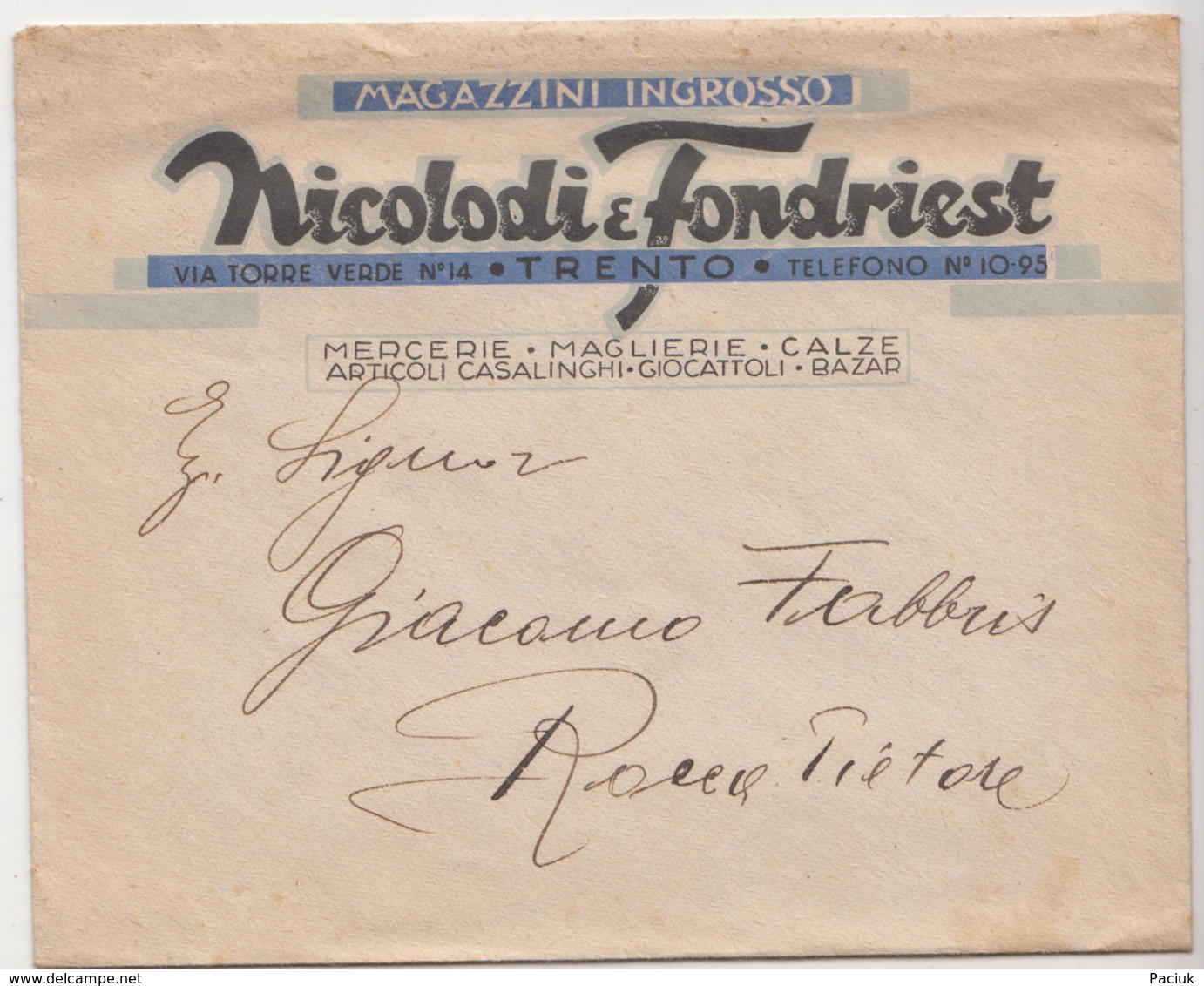 Busta Pubblicitaria Magazzini "Nicolodi E Fondriest" - Unclassified