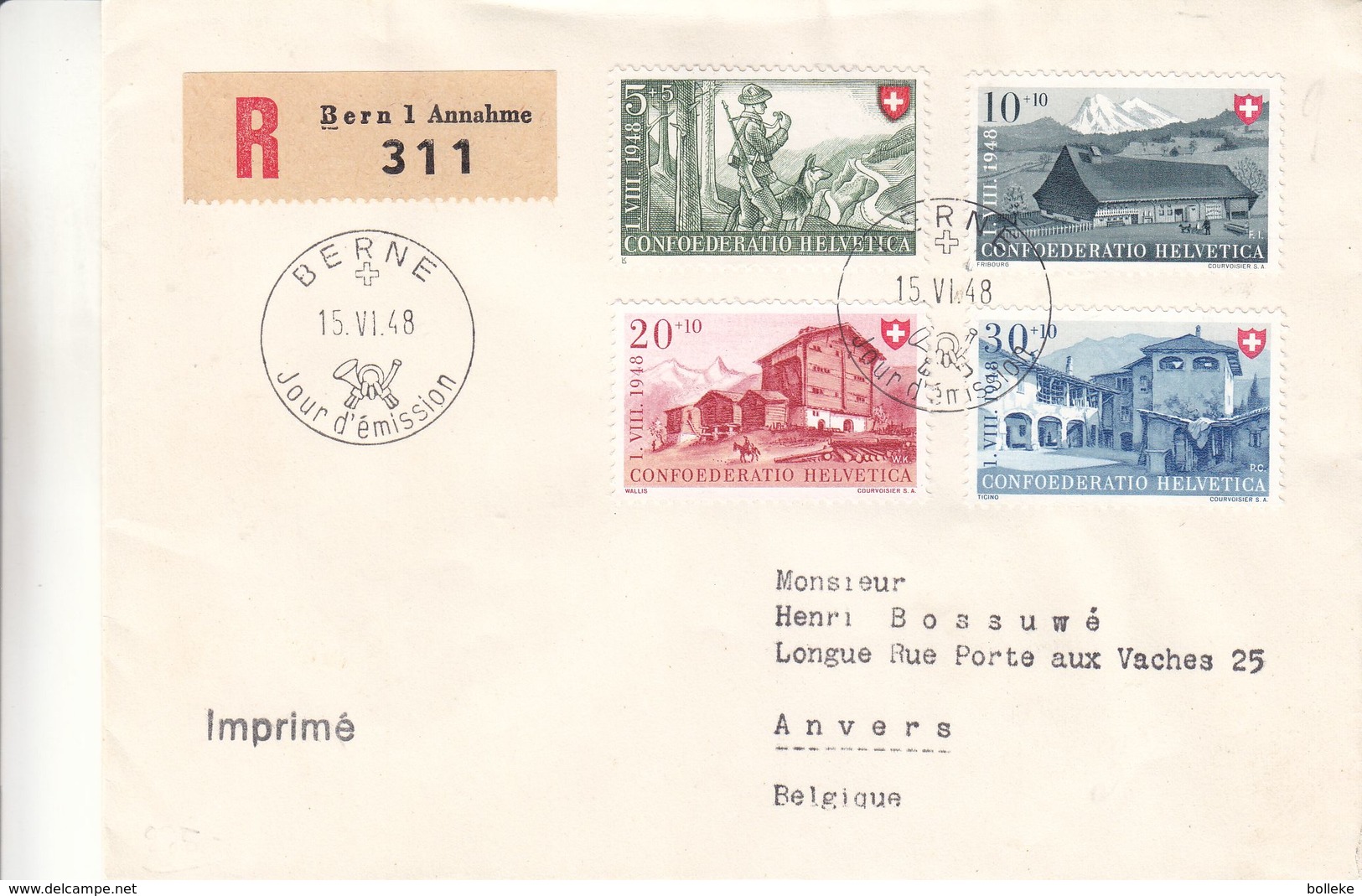 Suisse - Lettre FDC Recom De 1948 - Oblit Bern - Exp Vers Anvers - Valeur 130 Euros - Briefe U. Dokumente