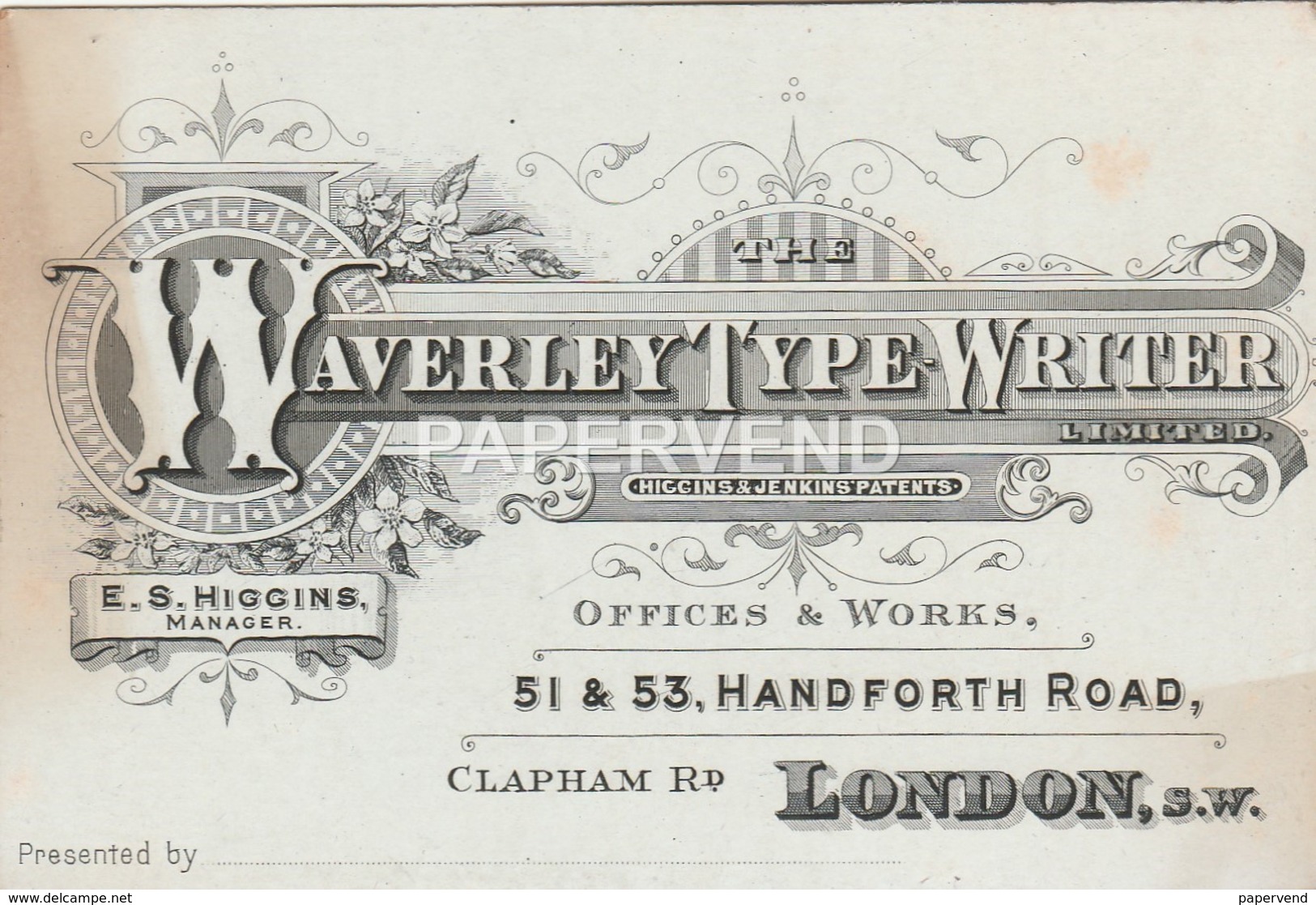 Trade Card  LONDON Waverley Type Writer Etc60 - Other & Unclassified