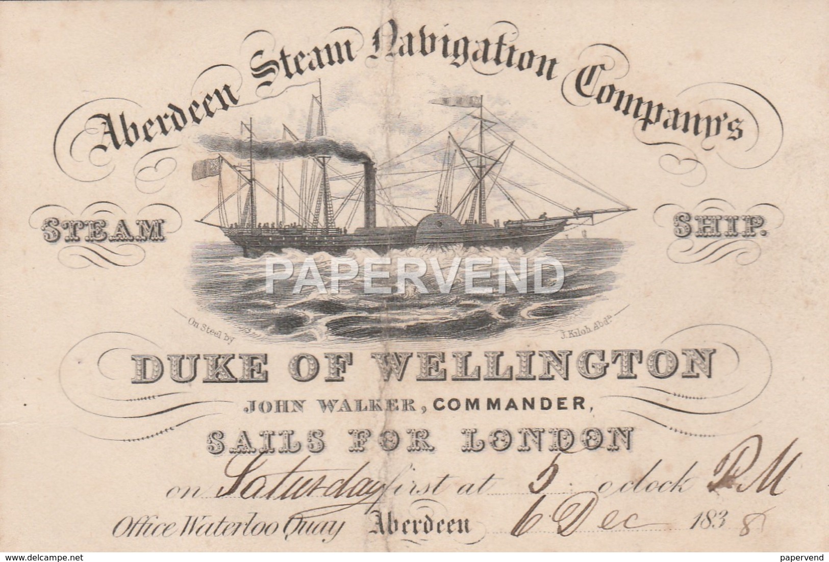 Trade Card  Duke Of Wellington Aberdeen Steam Navigation Co. 1838  Etc64 - Other & Unclassified