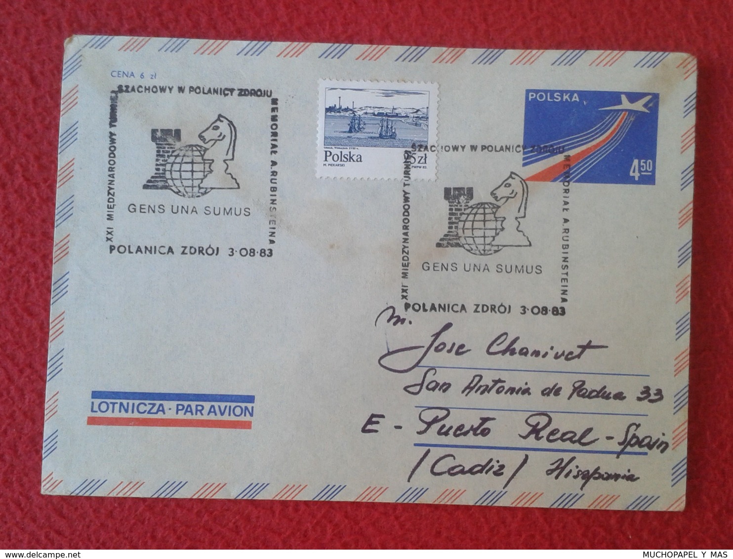 SOBRE ENVELOPE AJEDREZ CHESS Échecs SCHACH XADREZ SAKK PIECE PIECES PIEZAS 1983 POLSKA POLAND POLONIA POLANICA ZDRÓJ VER - Otros & Sin Clasificación