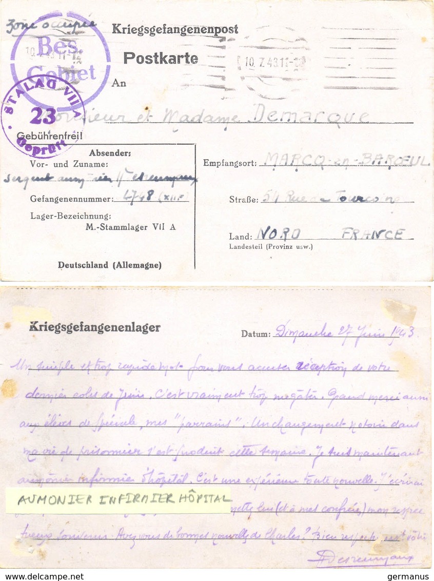 GUERRE 39-45 POSTKARTE STALAG VII A /23 Moosburg ALLEMAGNE - SERGENT AUMONIER INFIRMIER D'HOPITAL Rédigé 27 Juin 1943 - Guerre De 1939-45