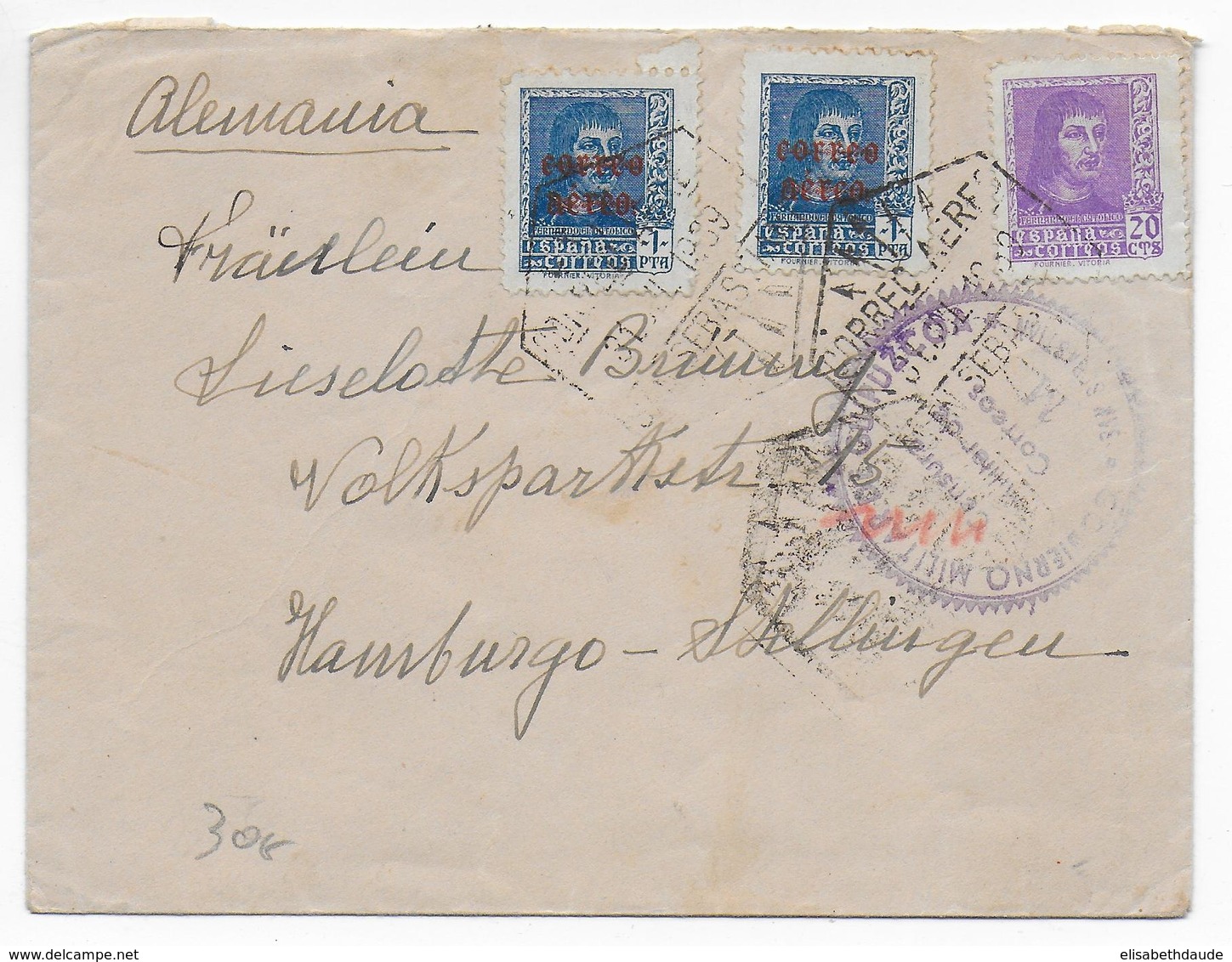 ESPAGNE - 1939 - POSTE AERIENNE - ENVELOPPE Avec CENSURE De SAN SEBASTIAN => HAMBURG (ALLEMAGNE) - Covers & Documents