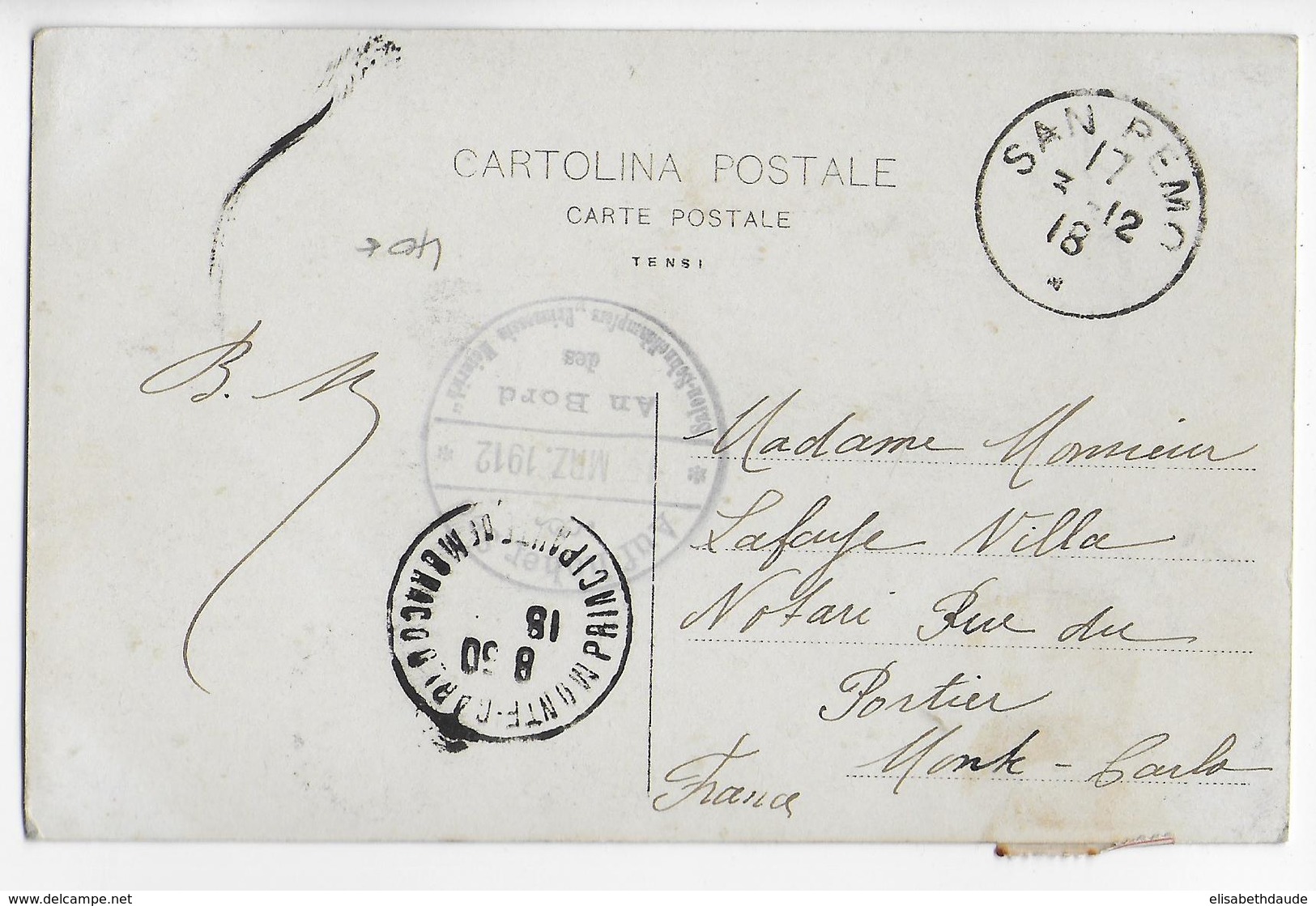 ITALIE - 1918 - CP Du NAVIRE "PRINZESSIN HEINRICH" à GENES CACHET MARITIME 1912 UTILISEE PLUS TARD De SAN REMO => MONACO - Postmarks