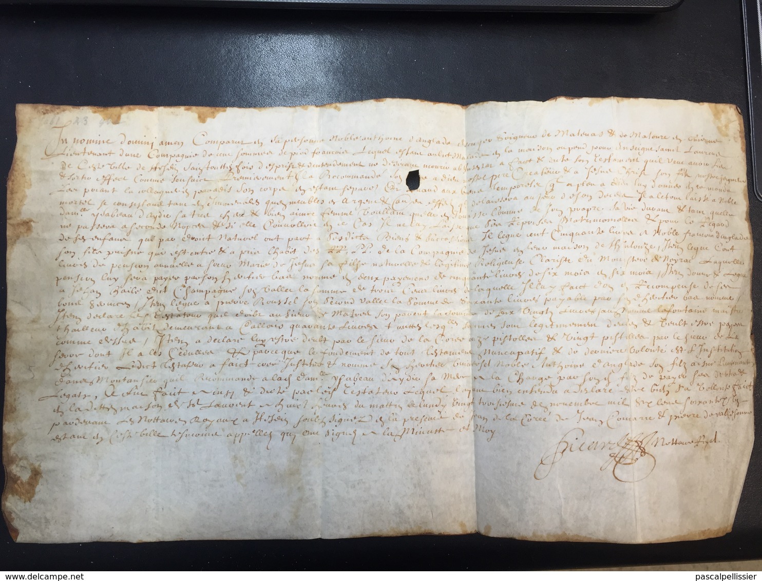 Testament D' Anthoine D'ANGLADE Dit Antonin  - Maître TILLOLIER à BAYONNE Du 23 Novembre 1661 - Manuscrits