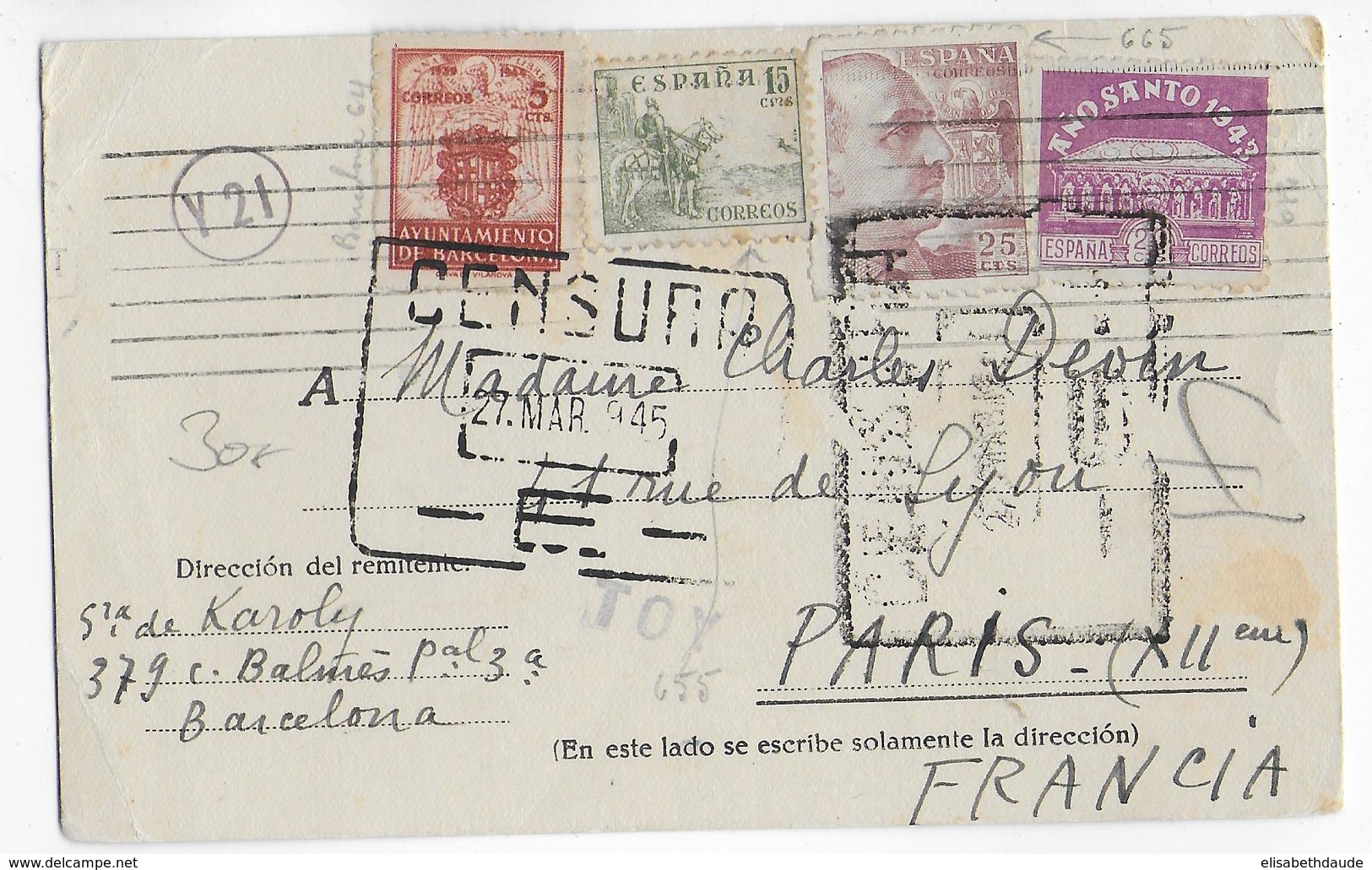 ESPAGNE - 1945 - CARTE Avec CENSURE + VIGNETTE AYUNTAMIENTO De BARCELONA => PARIS - Barcelona