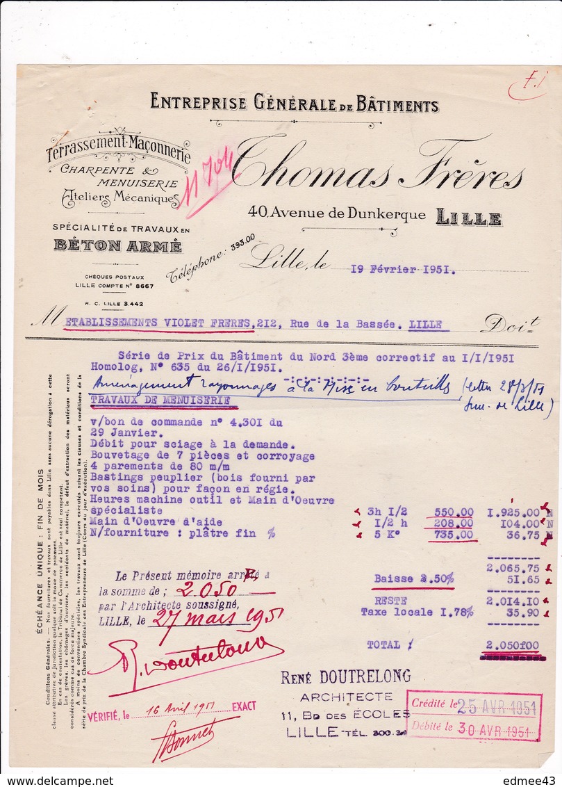 Facture 1951 Entreprise Bâtiments Thomas Frères, 40 Avenue De Dunkerque, Lille - Other & Unclassified