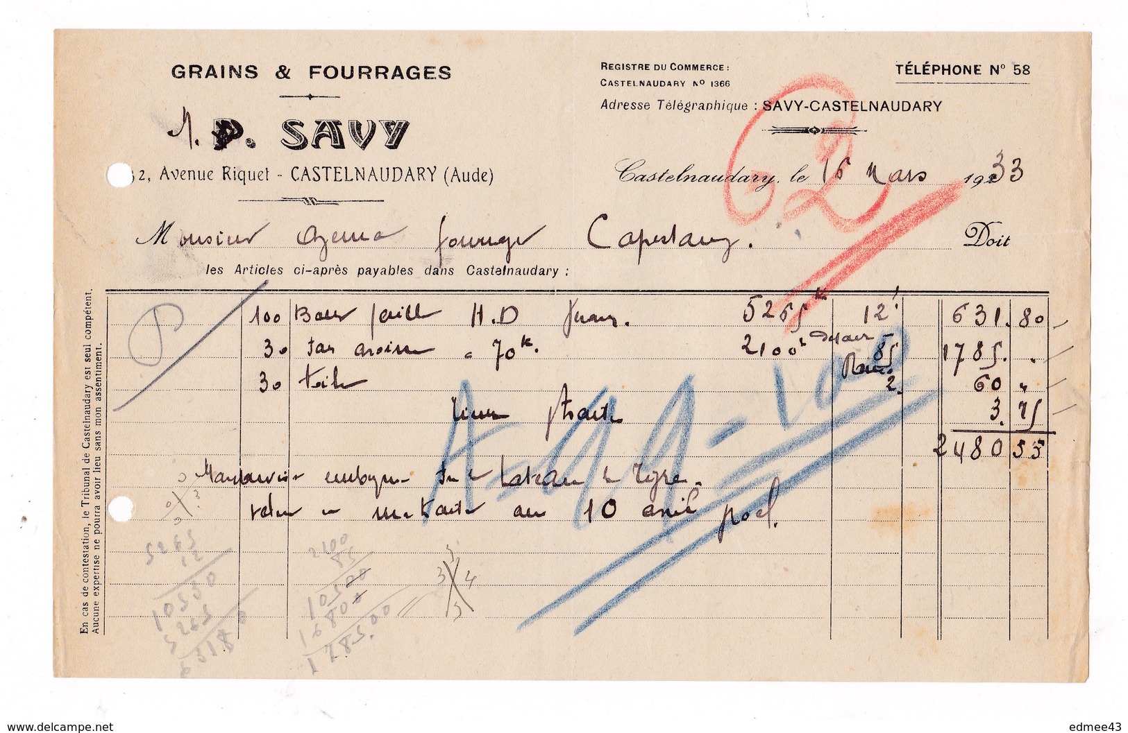 Facture 1933 Grains Fourrages P. Savy, 2 Avenue Riquet, Castelnaudary, Aude - Agriculture