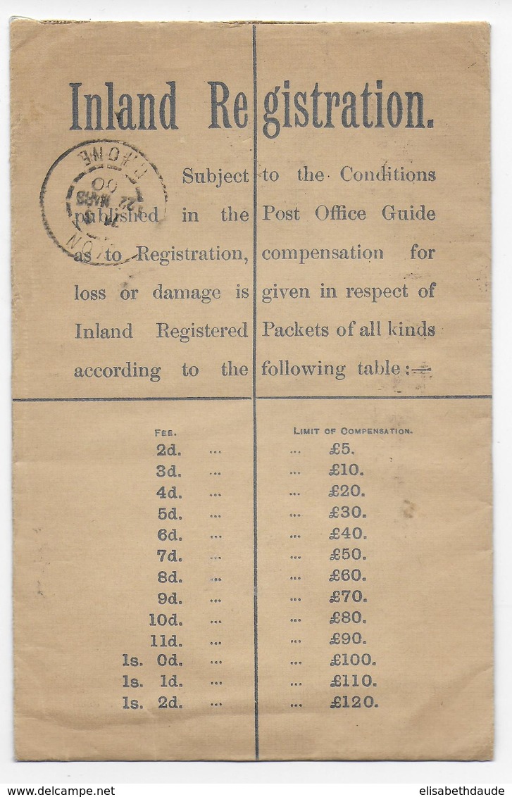 1900 - GB - ENVELOPPE ENTIER RECOMMANDEE Avec PERFORES (PERFIN) "RB" + MARQUE "LATE FEE 2d" => LYON - Briefe U. Dokumente