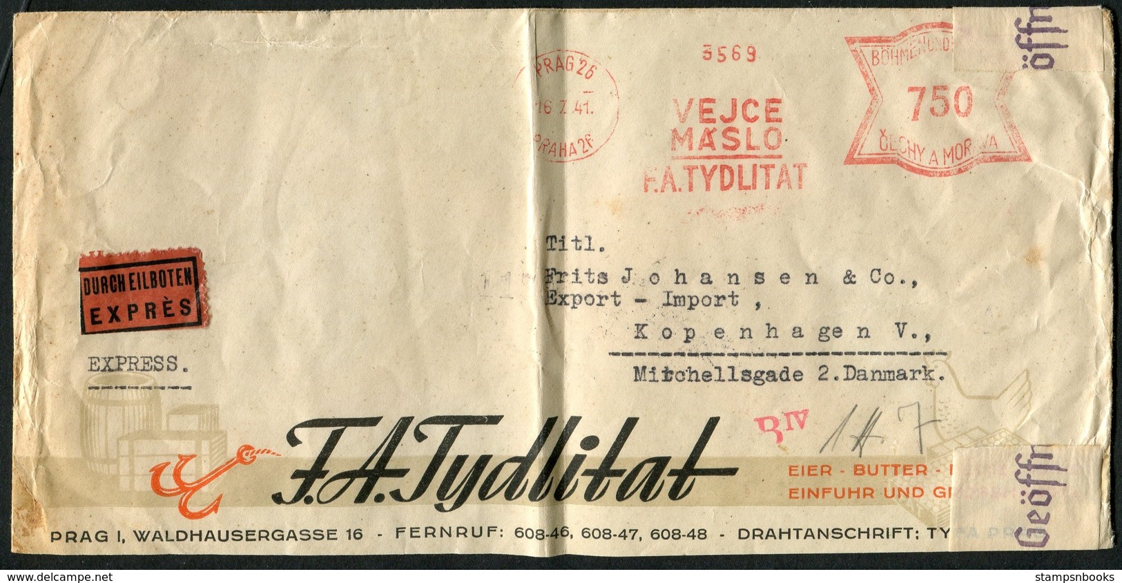 1941 Prag Tydlitat Butter Merchant Franking Machine Express Censor Cover - Copenhagen Denmark Via Hamburg Eilbriefstelle - Lettres & Documents