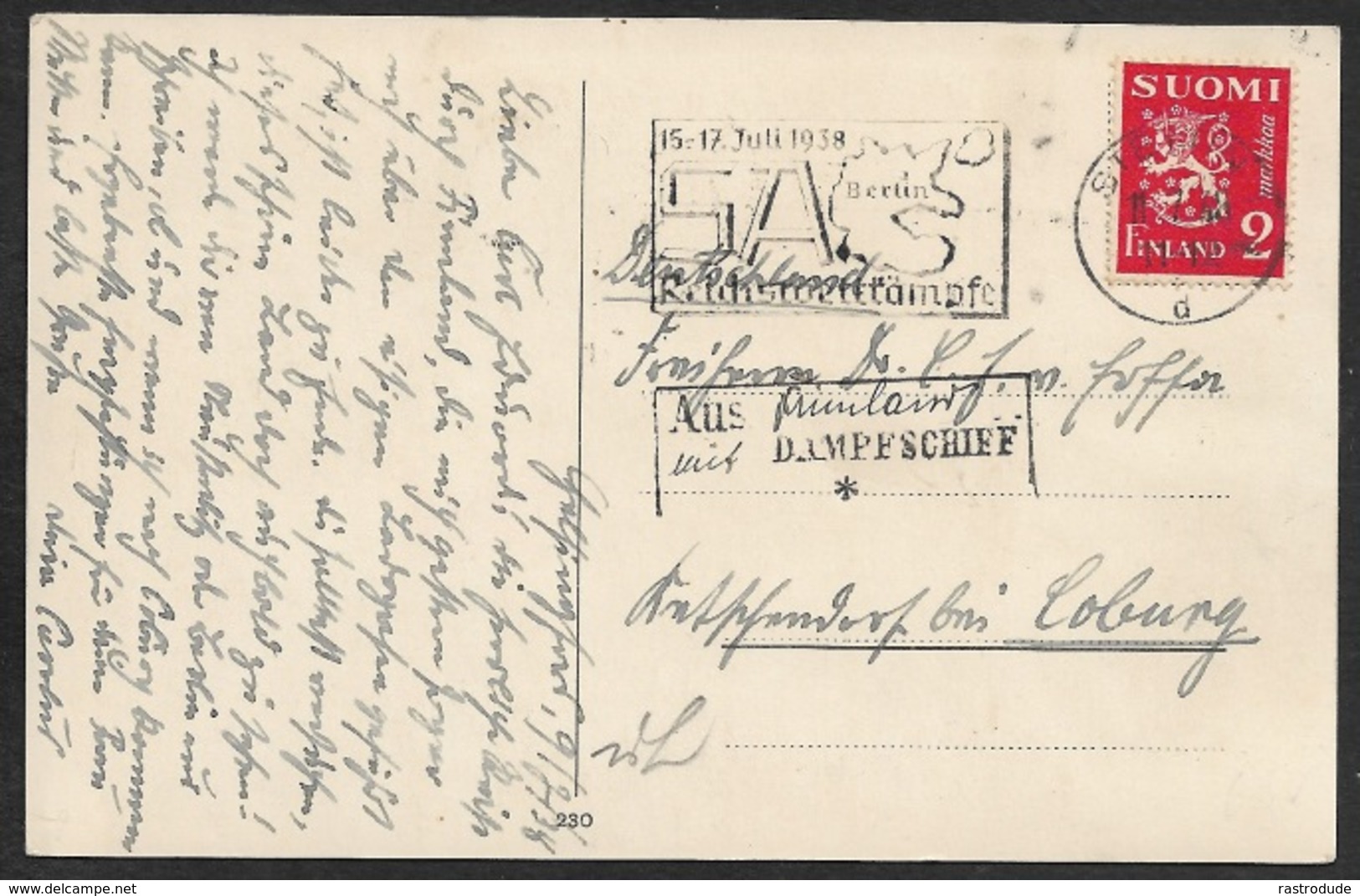 1938 DR - Schiffspost AK Viipur Finn. 2m Dt. Stpl Stettin & Nachverwandter DAMPFSCHIFF Rahmenstpl. Selten - Briefe U. Dokumente