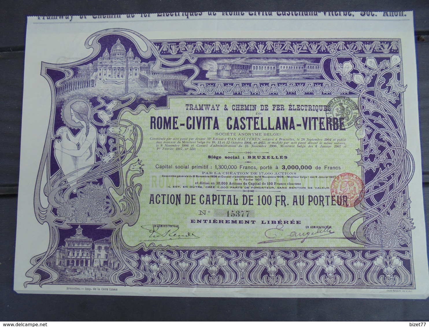ART NOUVEAU - ITALIE , 1907 - TRAMWAY ET CDF ELECTRIQUE DE ROME-CIVITA CATELLANA-VITERBE - ACTION 100 FRS - DECO - Other & Unclassified