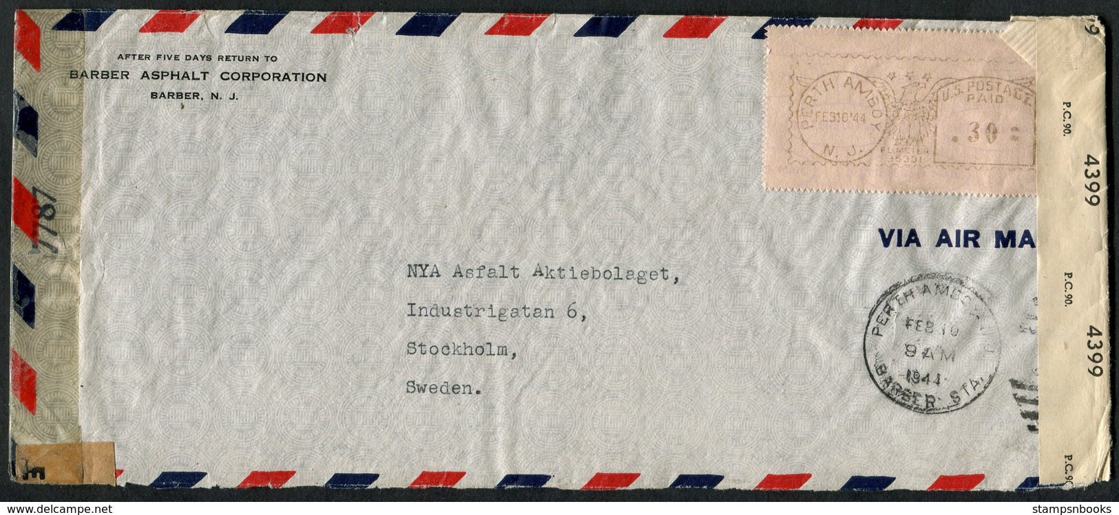 1941 USA Perth Amboy Barber N.J. Barber Asphalt Corp. Franking Machine Airmail Censor Cover - Stockholm Sweden - Covers & Documents