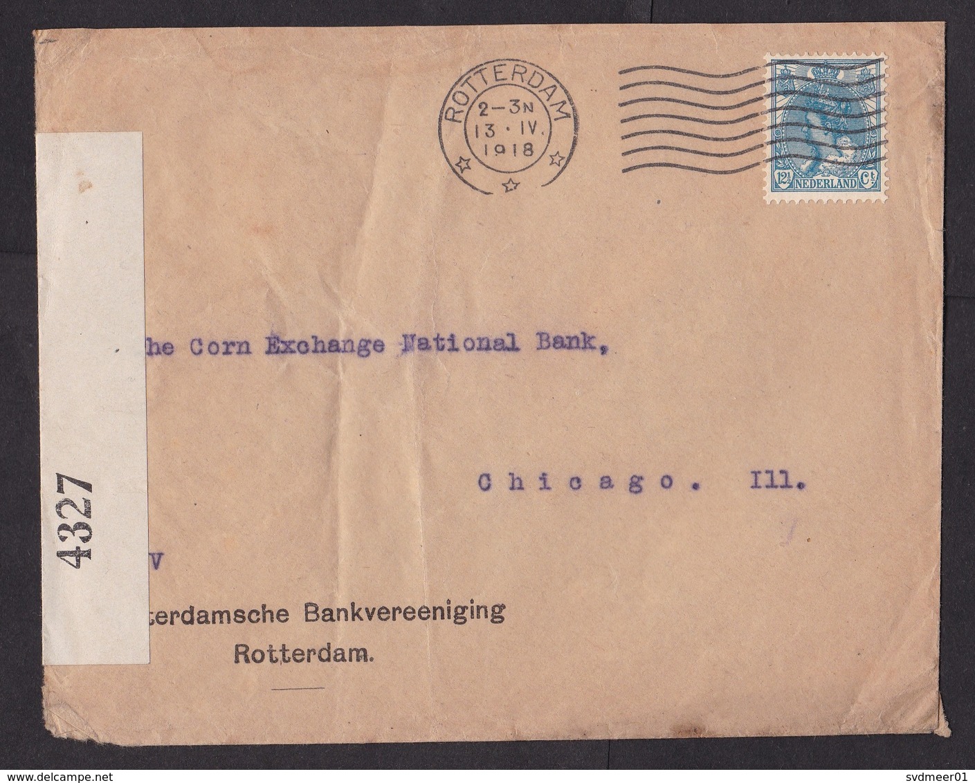 Netherlands: Cover To USA, 1918, 1 Stamp, Censored, British Censor Label, Sent By Bank Rotterdam (minor Damage) - Lettres & Documents