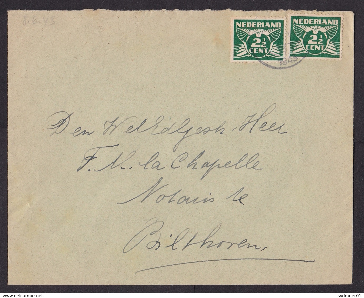 Netherlands: Cover, 1943, 2 Stamps (discolouring & Writing At Back) - Brieven En Documenten