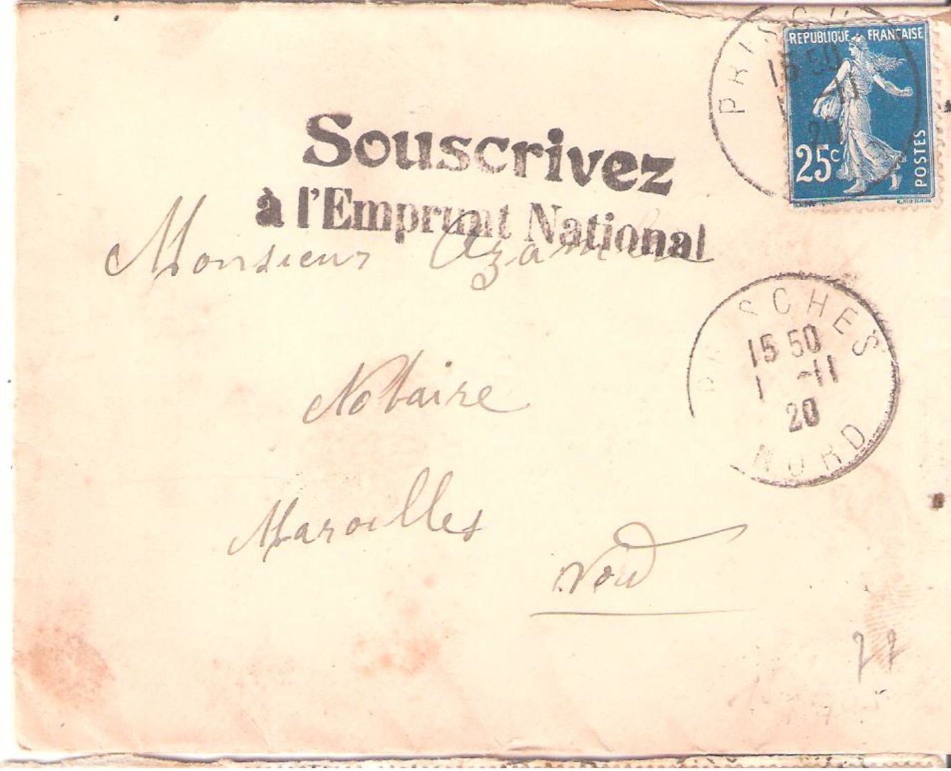 Courrier Avec Marque SOUSCRIVEZ A L'EMPRUNT NATIONAL Oblitéré PRISCHES NORD - 1921-1960: Période Moderne