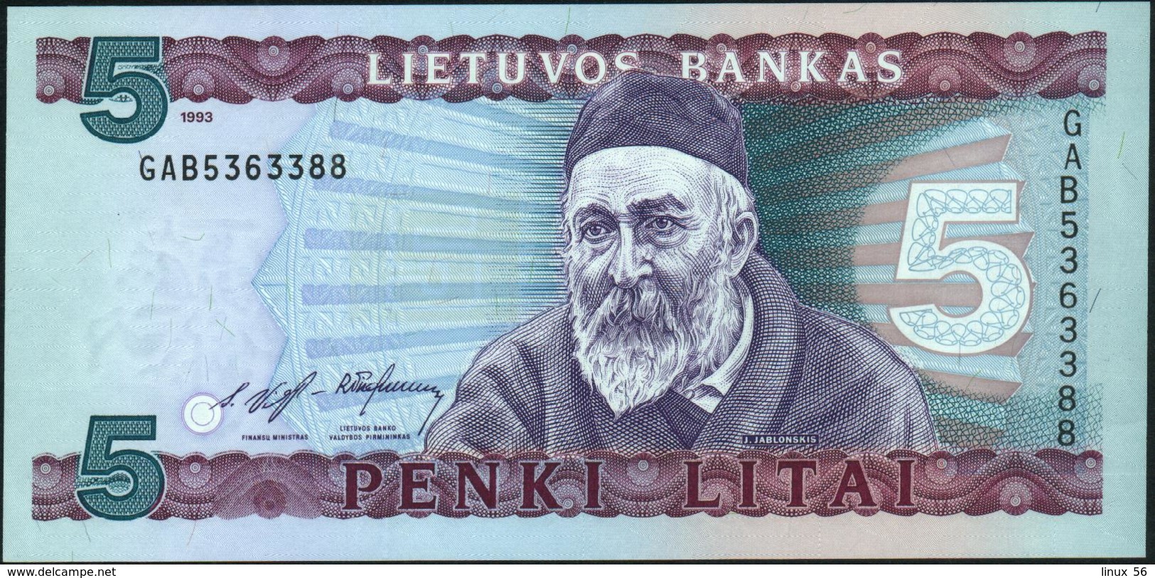 LITHUANIA - 5 Litai 1993 {Lietuvos Bankas} AU-UNC P.55 - Lituanie