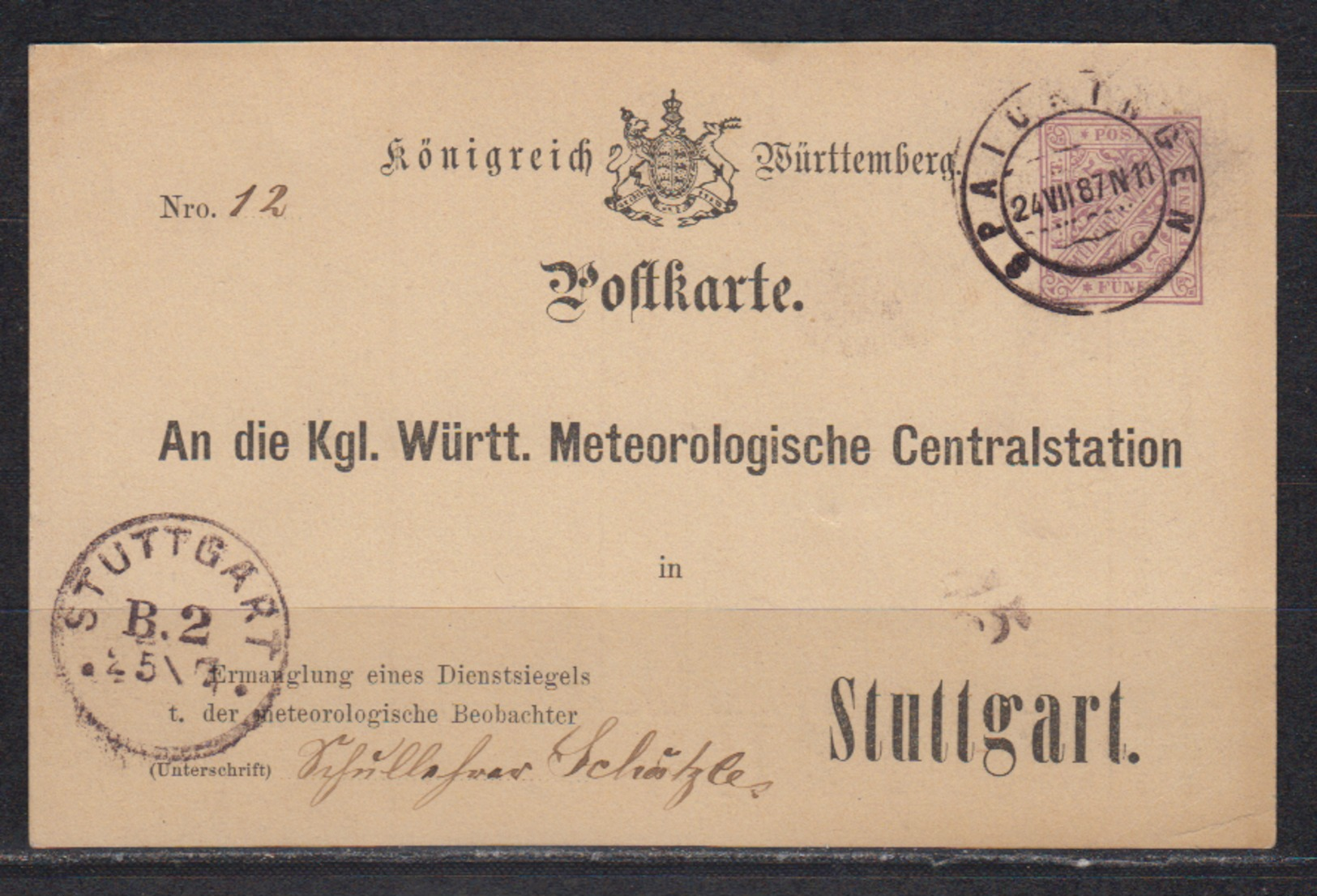 Württemberg Behördenganzsache D.Meteorologische Centralstation MiNo. DPB 14 Von Spaichingen 1897 Nach Stuttgart (100.-) - Sonstige & Ohne Zuordnung