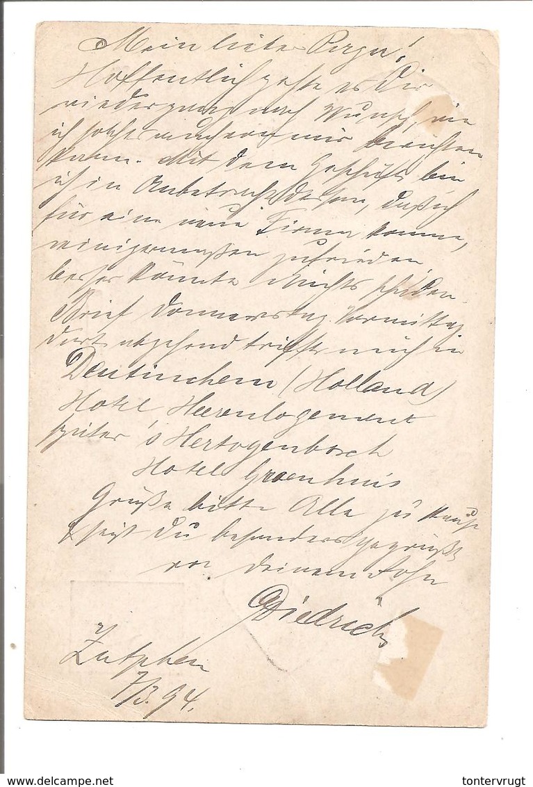 1894 Briefkaart Zutphen>Hamburg. ONTOEREIKEND + T. IN KASTJE. NACHPORTO 10 Pf - Brieven En Documenten