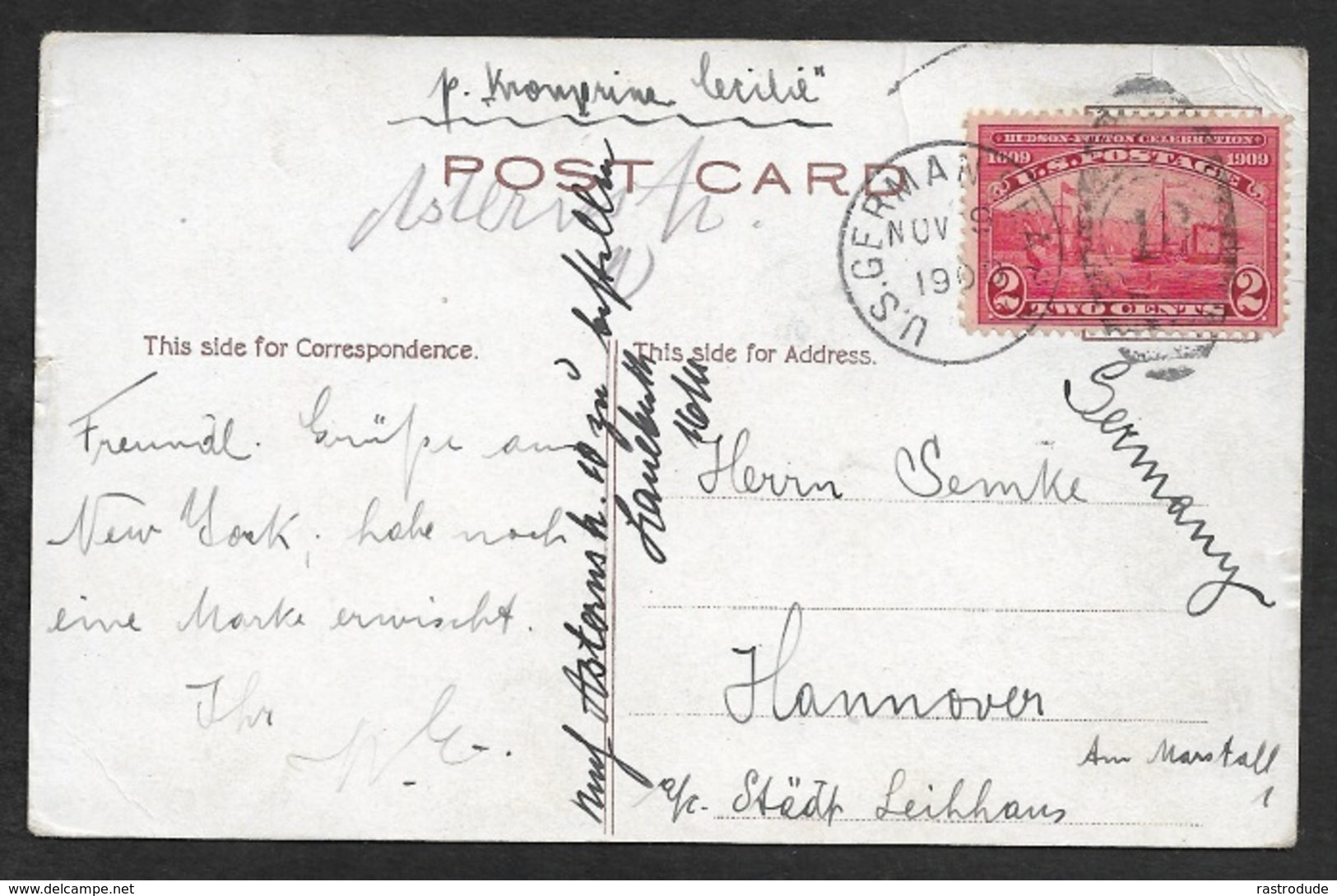 1909  US Seapost - 2c Hudson Fulton Celebration Cancelled Duplex U.S German Seapost Nov 9 1909 - Posted On Board Cecilie - Covers & Documents