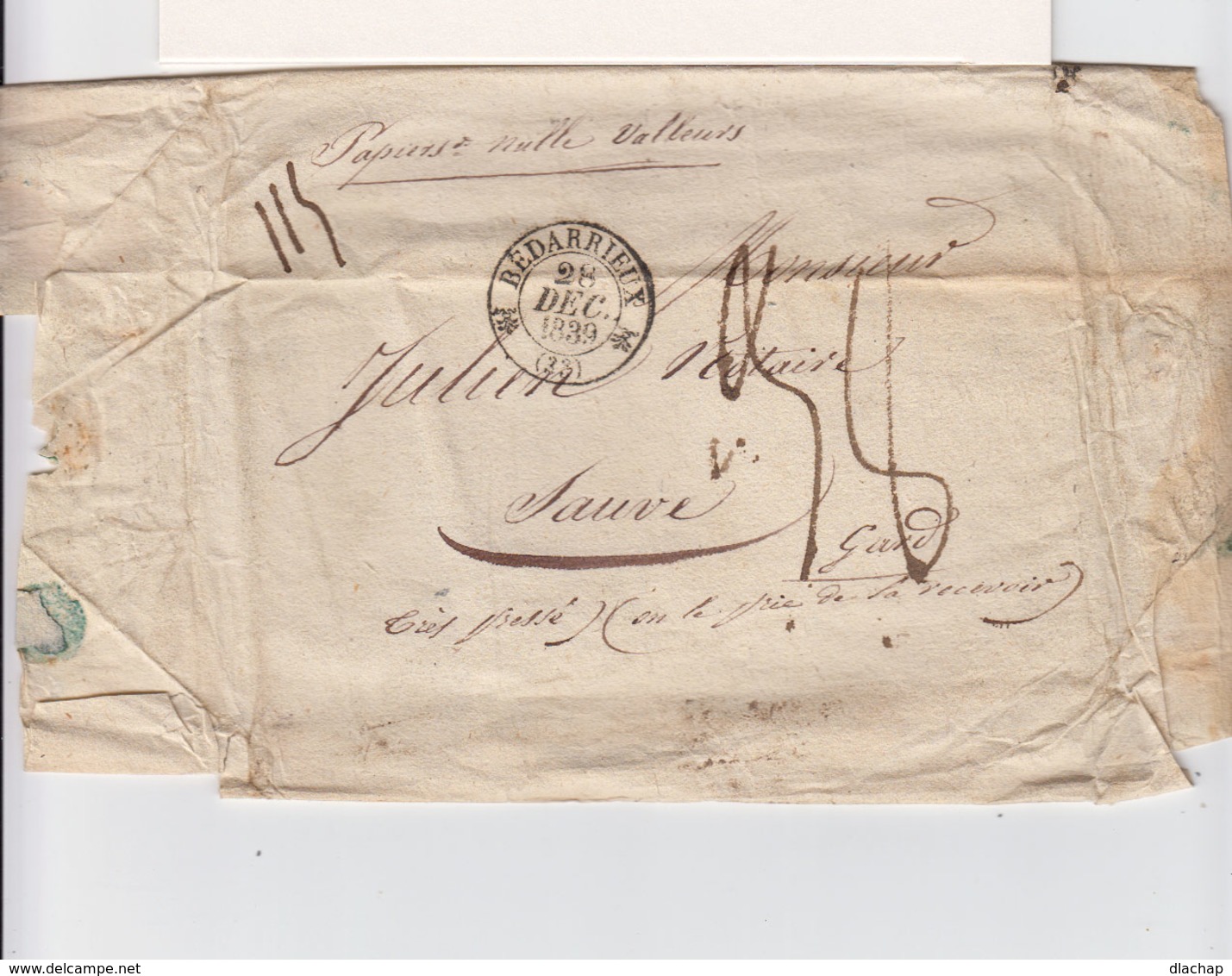 Sur L. CAD Type 12 Bédarieux Hérault Déc. 1839. T. 15 Montpellier. Taxe Manuscrite. Inscription Papiers Ss Valeur. (2443 - 1801-1848: Précurseurs XIX