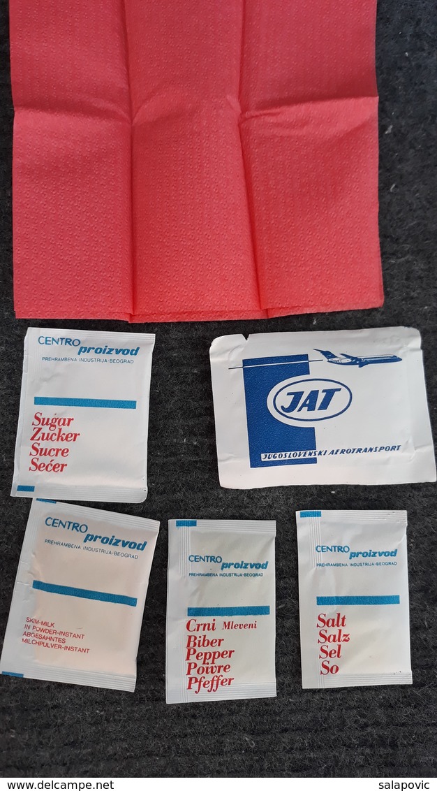 YUGOSLAVIA JAT YUGOSLAV AIRLINES, SUGAR, SALT, PEPPER, SKIM MILK IN POWDER INSTANT,  WET REFRESHING TOWELETTE - Cubertería