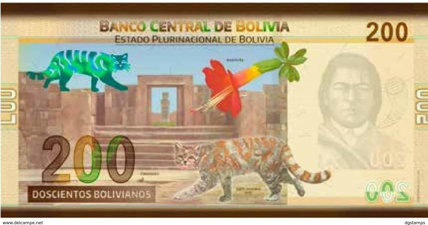 Bolivia 2019. Bs200,00 Nueva Familia De Billetes. S.Bolivar, B. Sisa, Túpac Katari. Tiahuanaco, La Kantuta Y Gato Titi - Bolivia