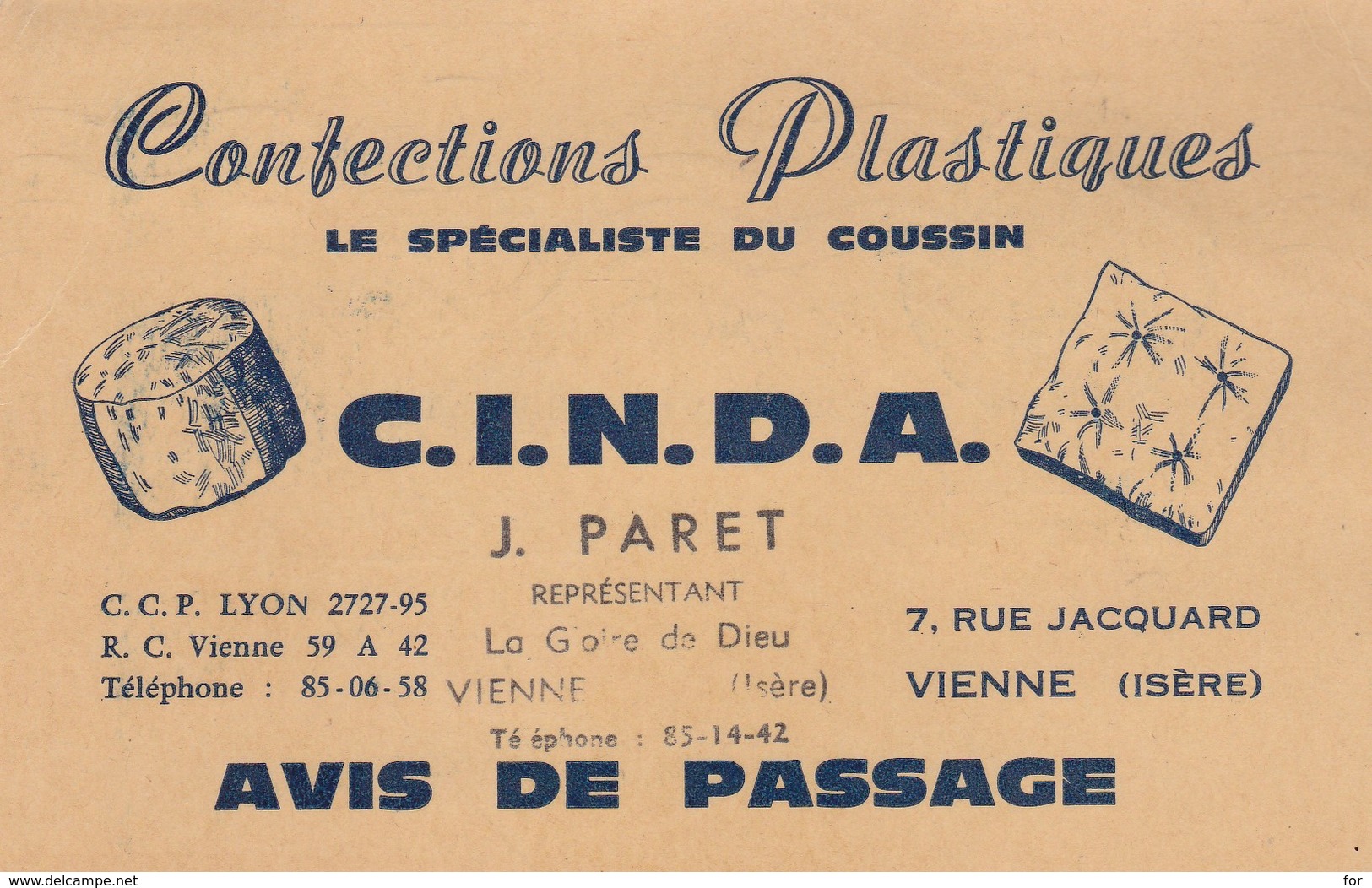 Isère : VIENNE : Avis De Passage : Confections Plastiques - Le Spécialiste Du Coussin  C.I.N.D.A. - Vienne
