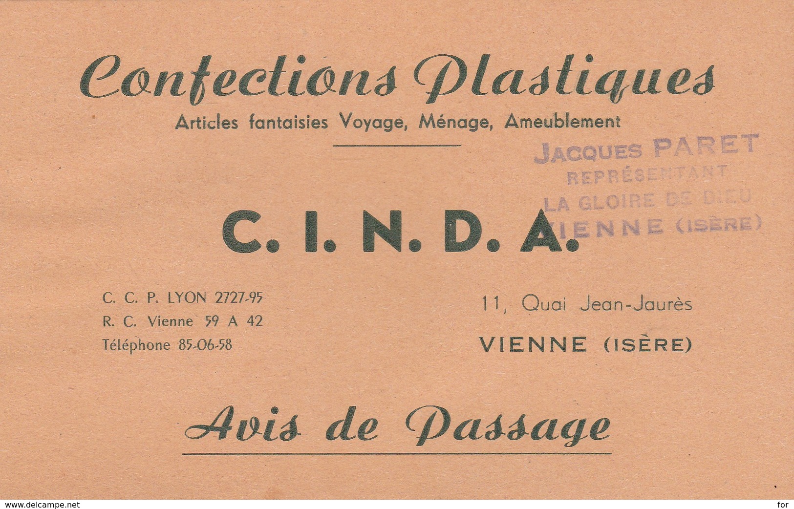 C.I.N.D.A. : Avis De Passage : Confections Plastiques Articles Fantaisies Voyage, Ménage, Ameublement ( Vienne - Isère ) - Händler