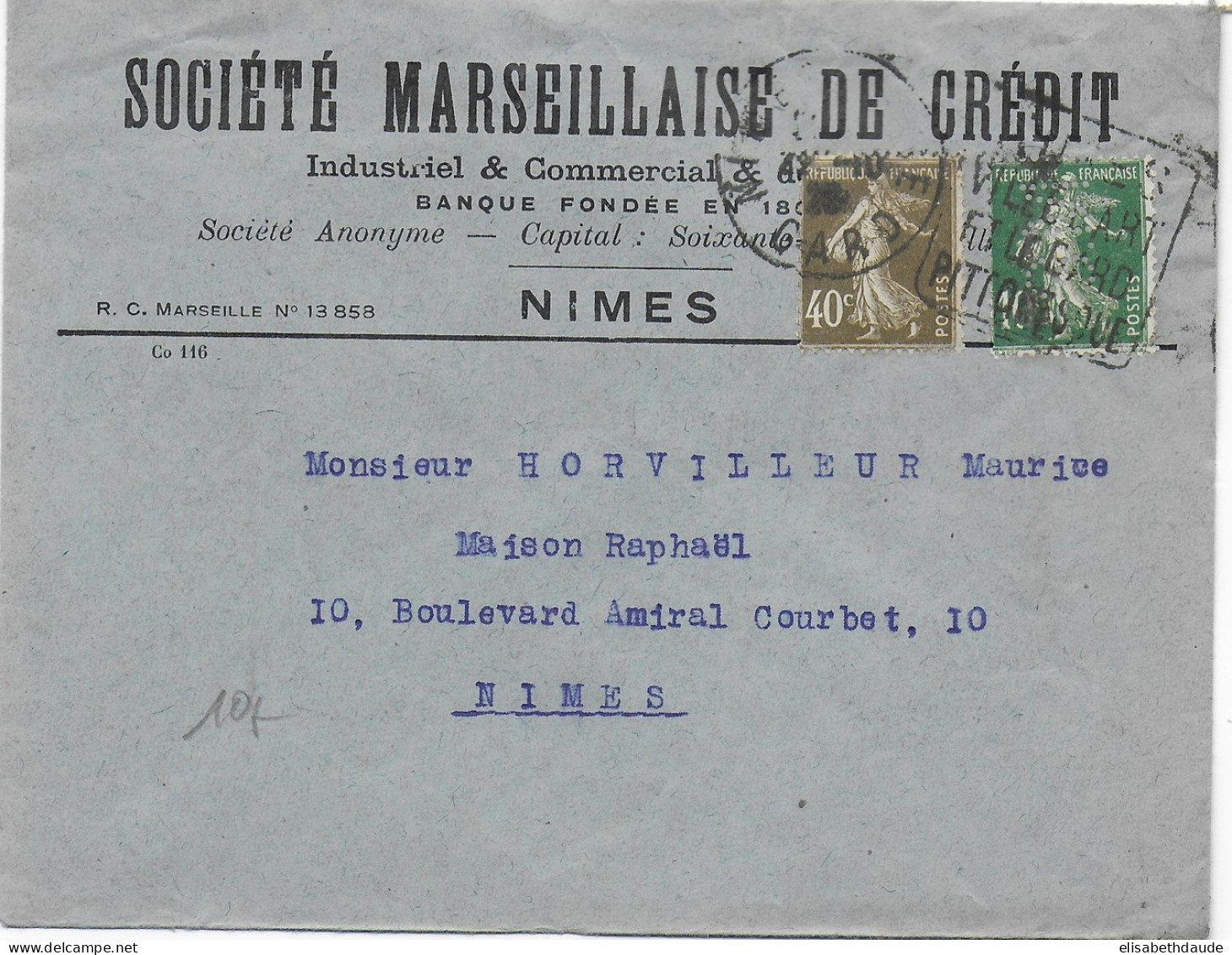 SEMEUSE PERFORES PERFIN De La BANQUE STE MARSEILLAISE à NIMES (GARD) Sur ENVELOPPE => NIMES - DAGUIN - Covers & Documents