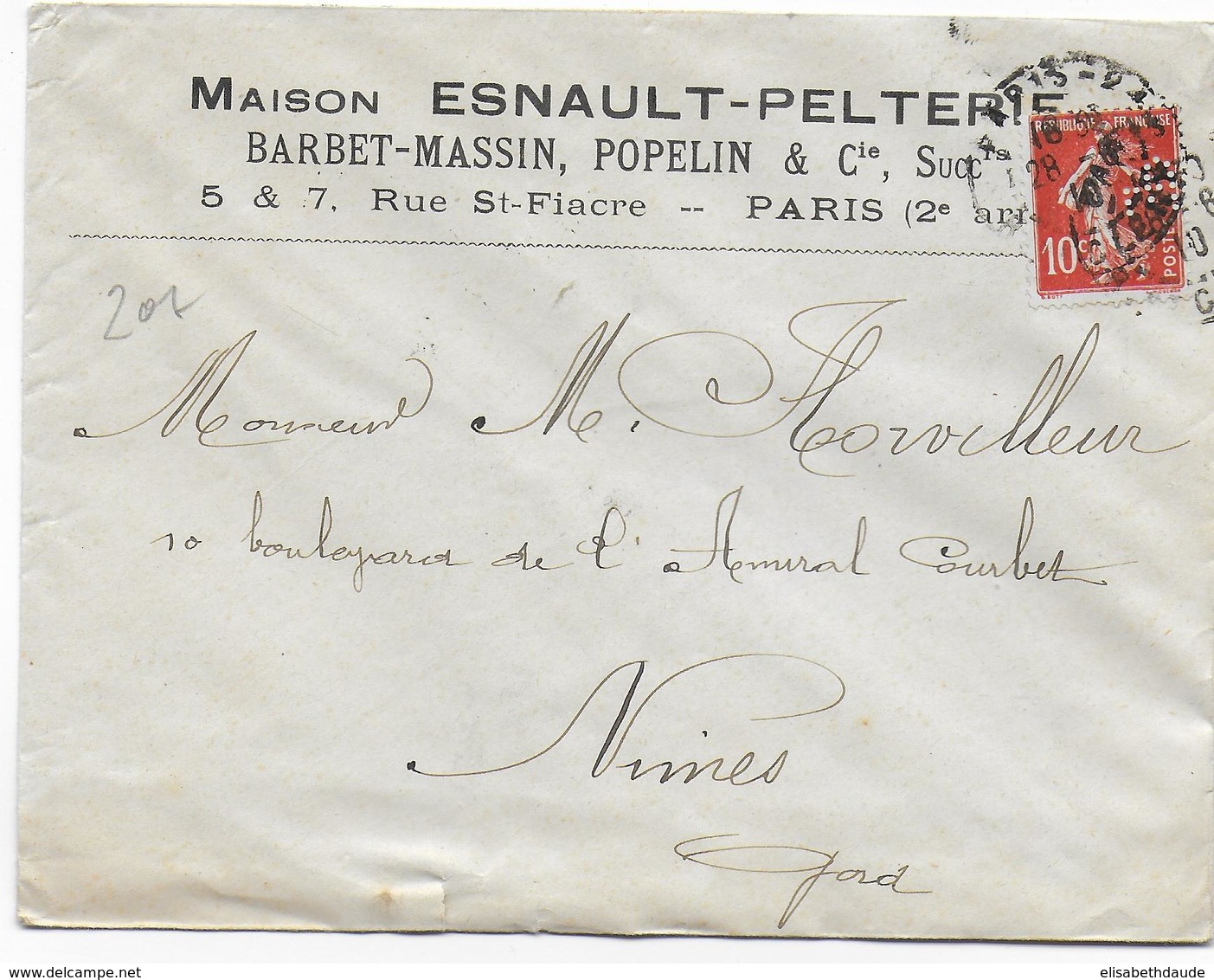 1910 - SEMEUSE PERFORE PERFIN De ESNAULT-PELTERIE à PARIS Sur ENVELOPPE => NIMES - Altri & Non Classificati