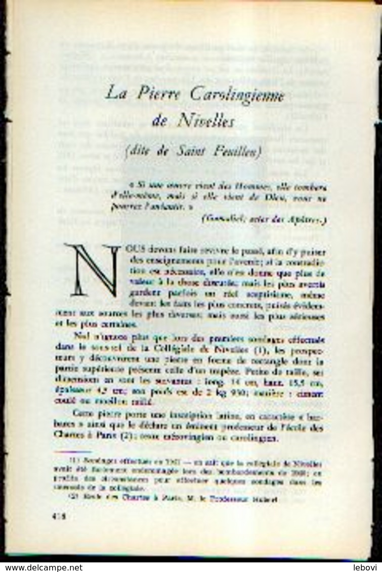 « La Pierre Carolingienne De NIVELLES (dite De Saint Feuillen) » – Article De 10 Pages (1961) - Belgique