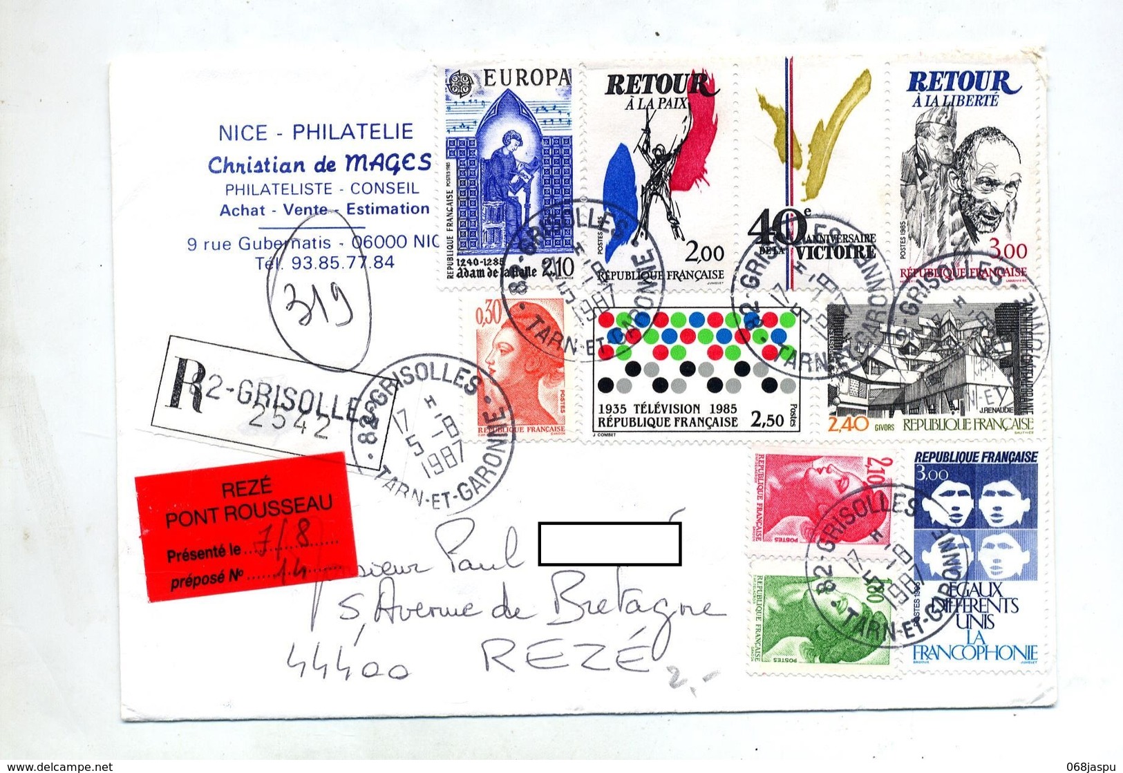 Lettre Recommandee Grisolles Sur Victoire Europa Etc - Manual Postmarks