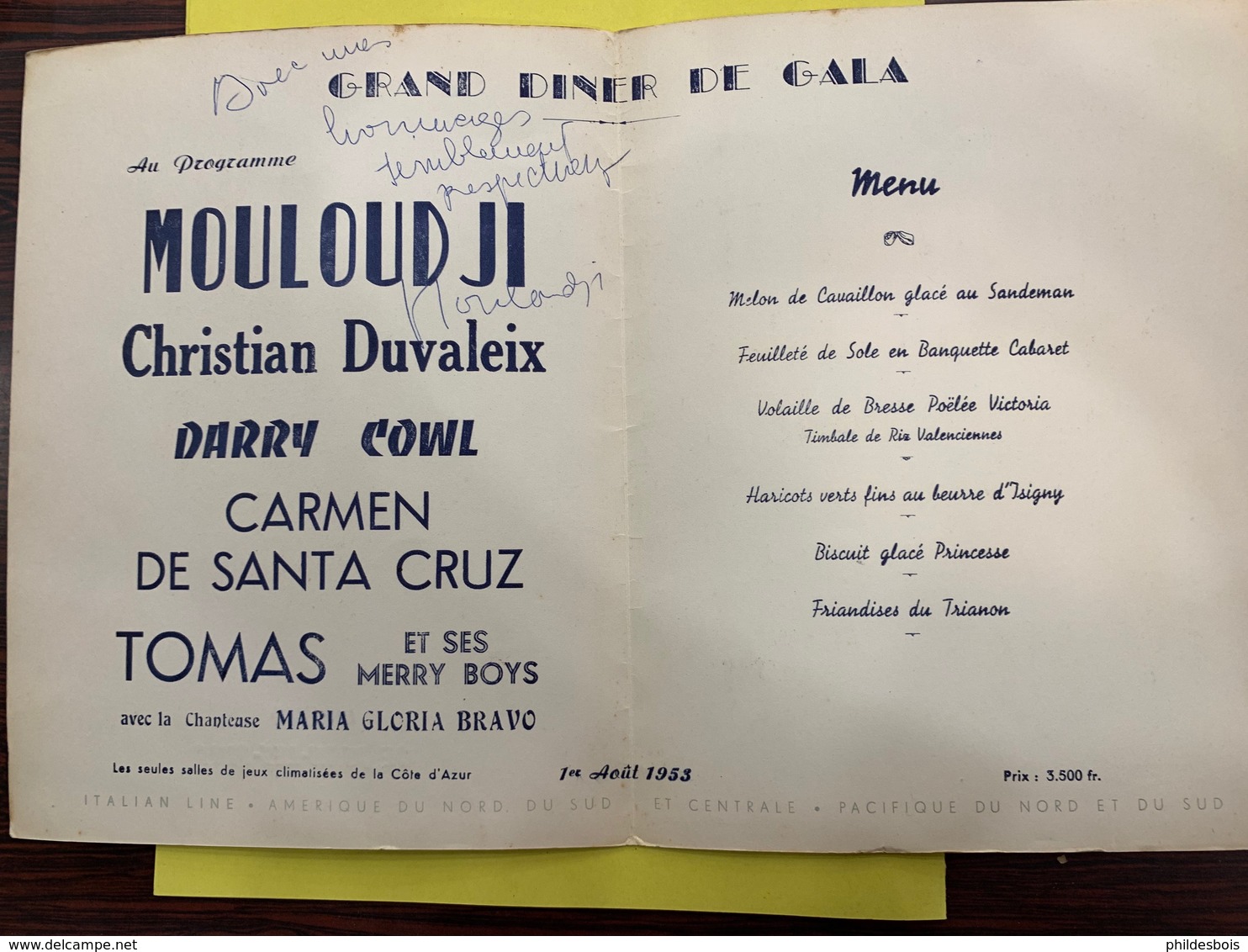 MENU CASINO JUAN LES PINS  Aout 1953 DEDICACE  MOULOUDJI - Menus