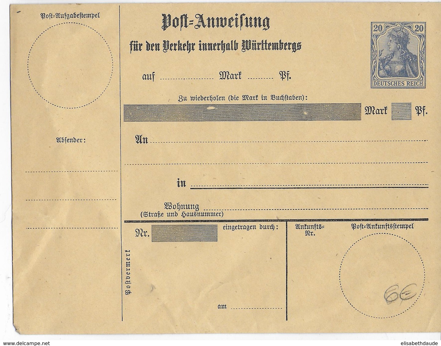 GERMANIA - ENVELOPPE ENTIER De MANDAT "POST-ANWEISUNG) Du WÜRTTEMBERG - Buste