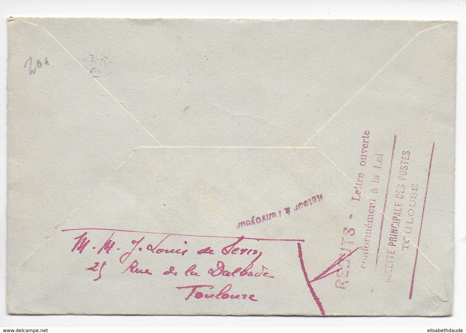 1944 - REBUTS - MERCURE 50c SEUL SUR LETTRE De TOULOUSE (HAUTE GARONNE) - INCONNU => MARQUE De REBUTS LOCALE AU DOS RARE - 1921-1960: Période Moderne