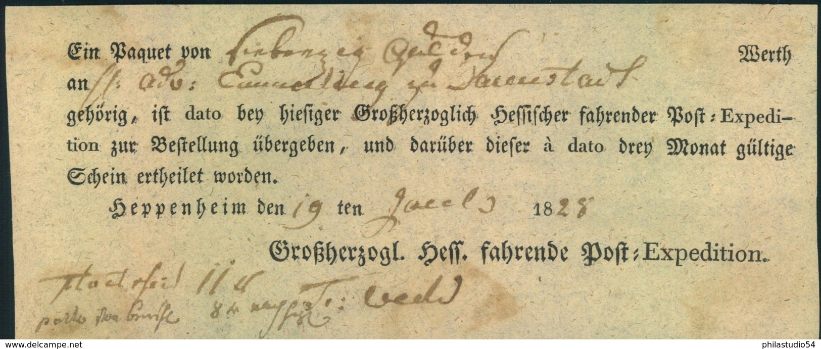 1825, Postschein Für Ein OPaket, Ortsdruck HEPPENHEIM - Prefilatelia