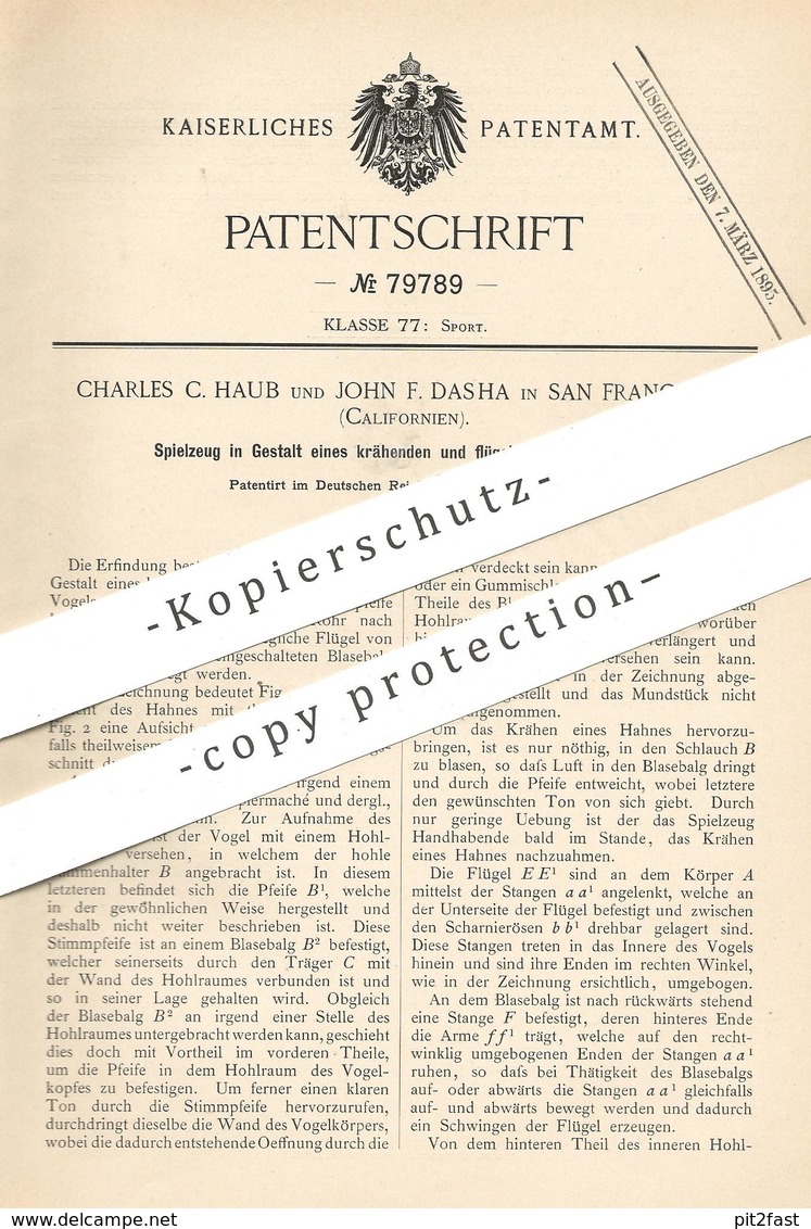 Original Patent - Charles C. Haub , John F. Dasha , San Francisco , Californien , USA , 1894 | Spielzeug | Figur , Hahn - Historische Dokumente