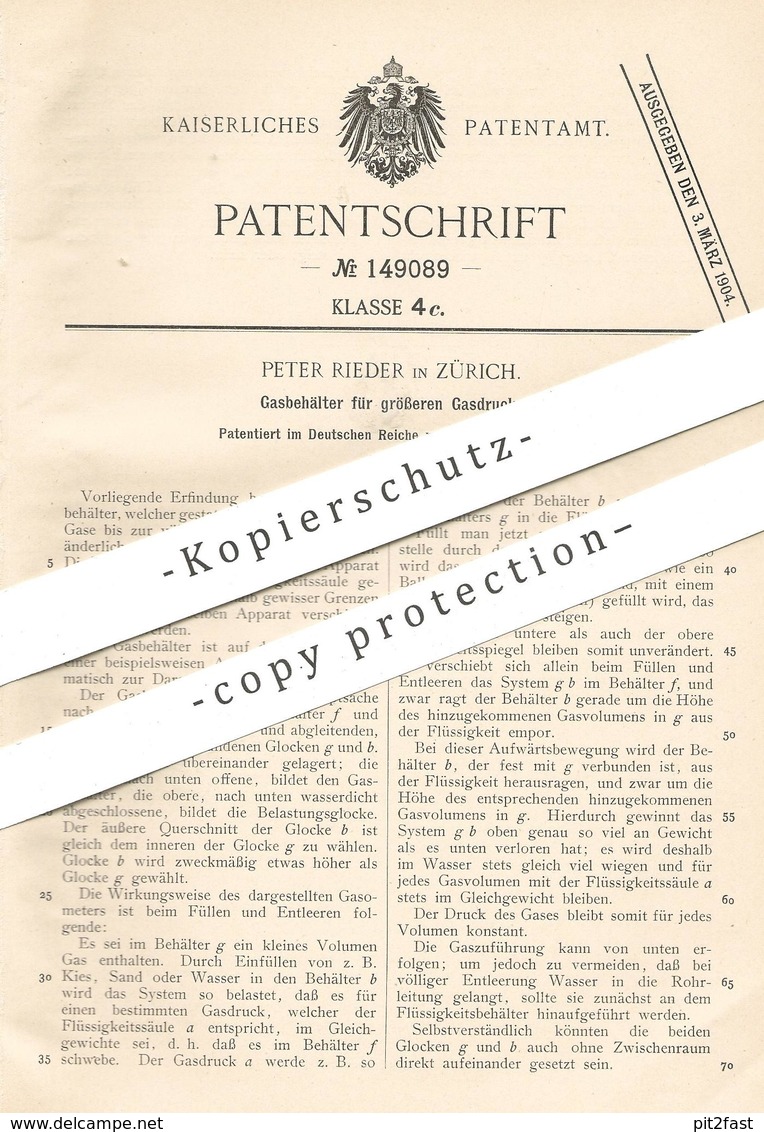 Original Patent - Peter Rieder , Zürich , Schweiz , 1903 , Gasbehälter Für Größeren Gasdruck | Gas , Gase !!! - Historische Dokumente