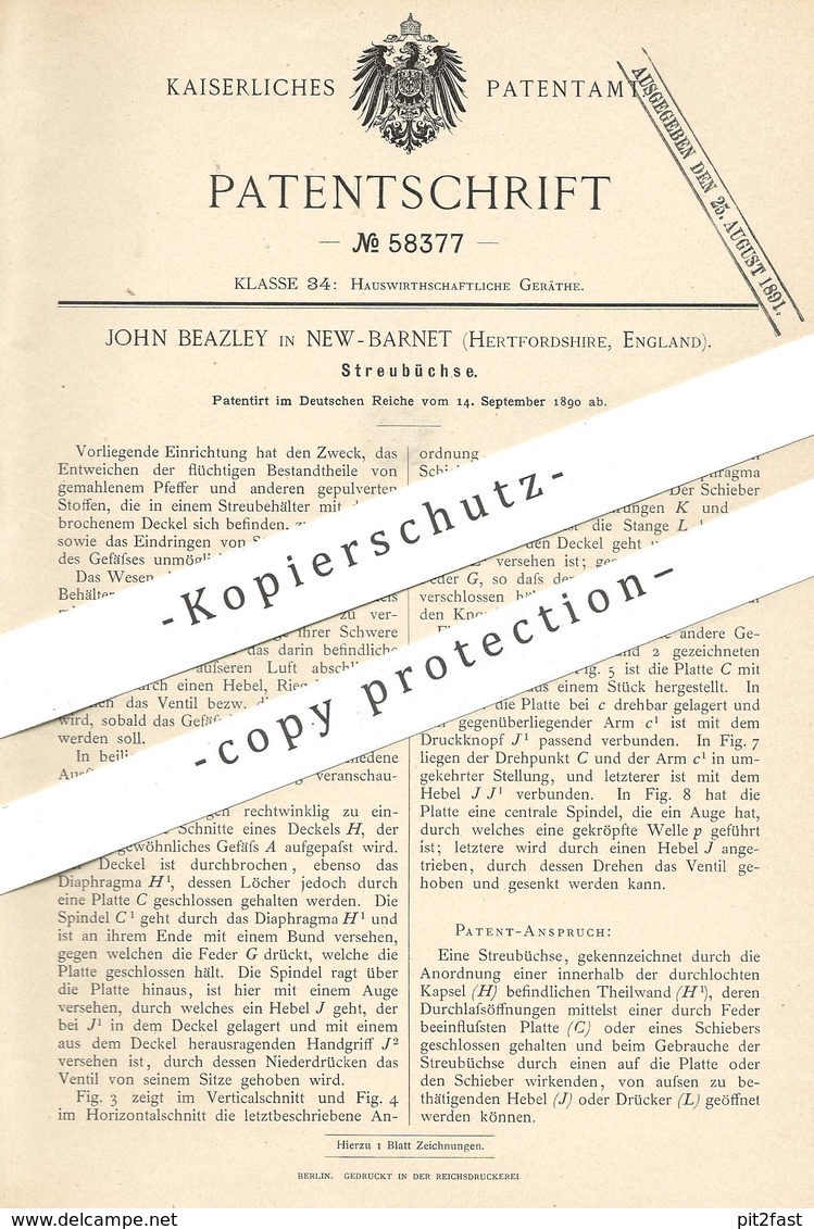 Original Patent - John Beazley , New Barnet , Hertfordshire , England , 1890 , Streubüchse  | Salzstreuer Pfefferstreuer - Historische Dokumente