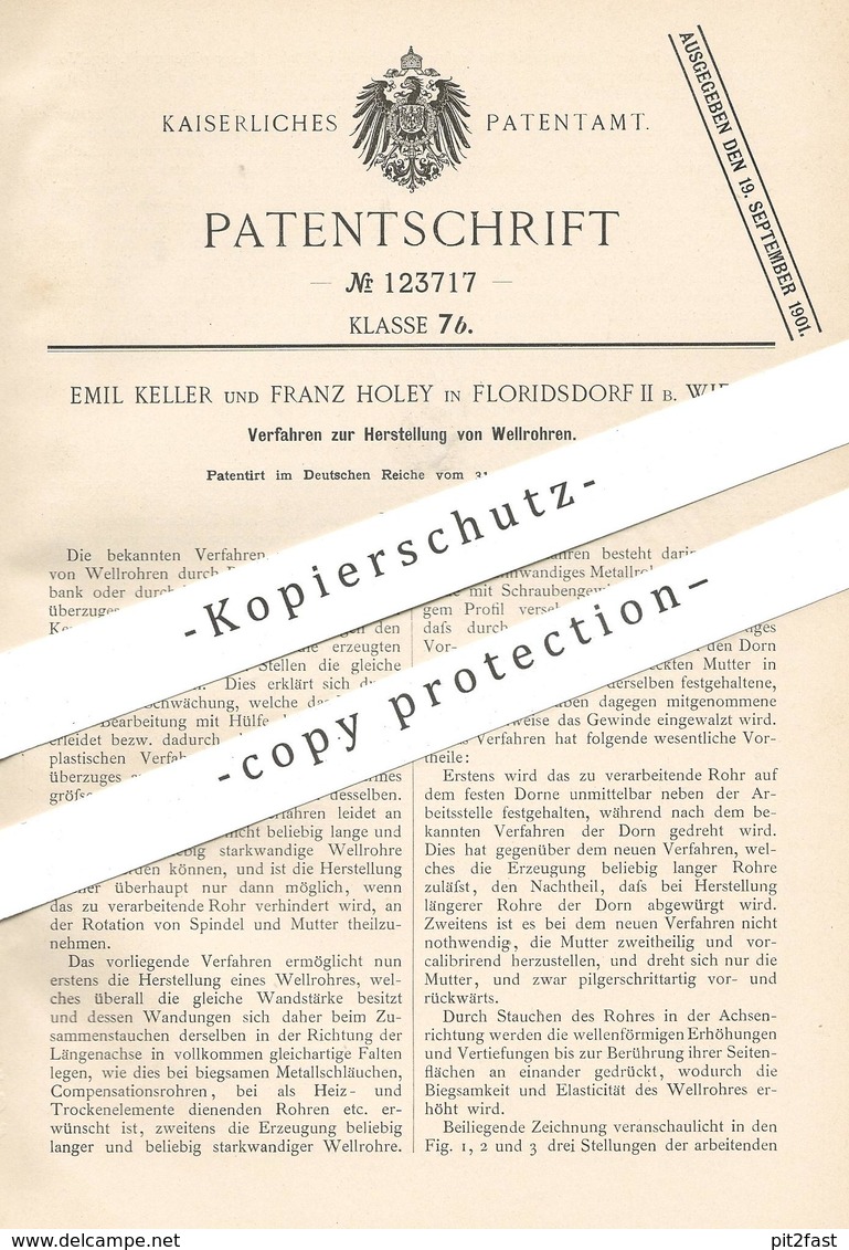 Original Patent - Emil Keller , Franz Holey , Floridsdorf II / Wien / Österreich , 1899 | Herst. Der Wellrohre | Rohr - Historische Dokumente