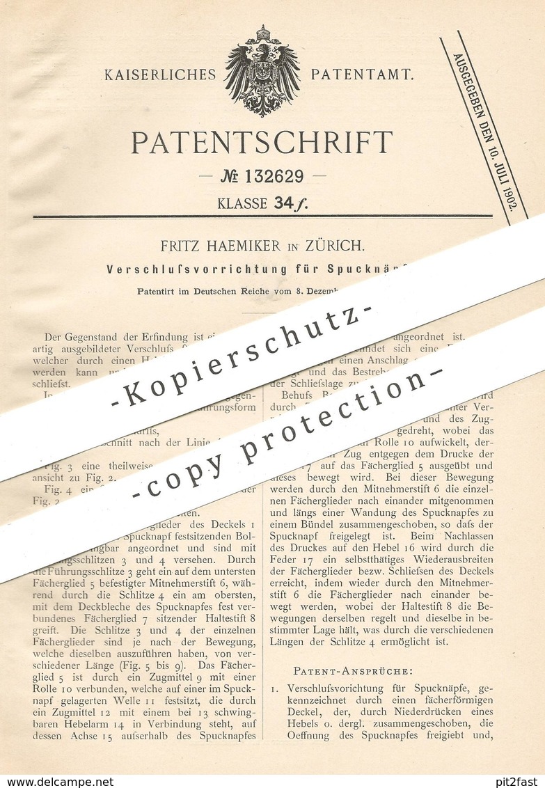 Original Patent - Fritz Haemiker , Zürich , Schweiz , 1901 , Verschluss Für Spucknapf | Spuckschale , Napf , Schale !!! - Historische Dokumente