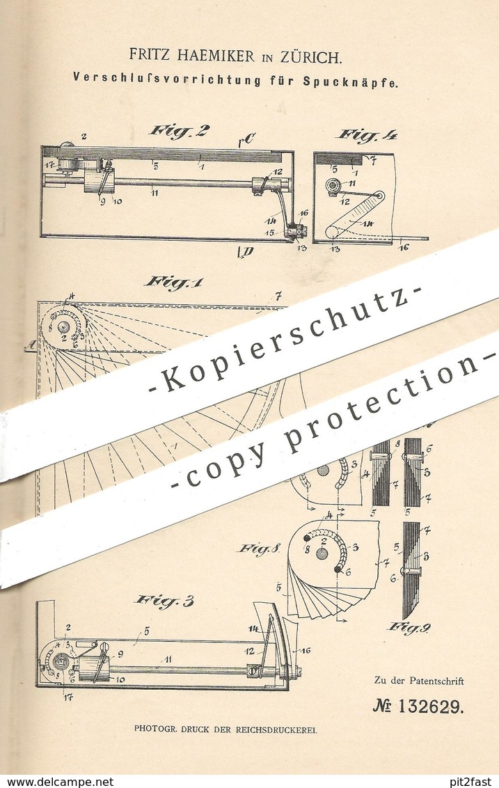 Original Patent - Fritz Haemiker , Zürich , Schweiz , 1901 , Verschluss Für Spucknapf | Spuckschale , Napf , Schale !!! - Historische Dokumente