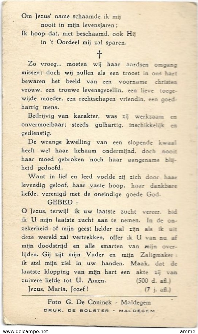 Doodsprentje  *  De Taeye Lucretia Adriana (° Eede 1901 / + Maldegem 1955)  X Clyncke Rudolf - Religion & Esotérisme