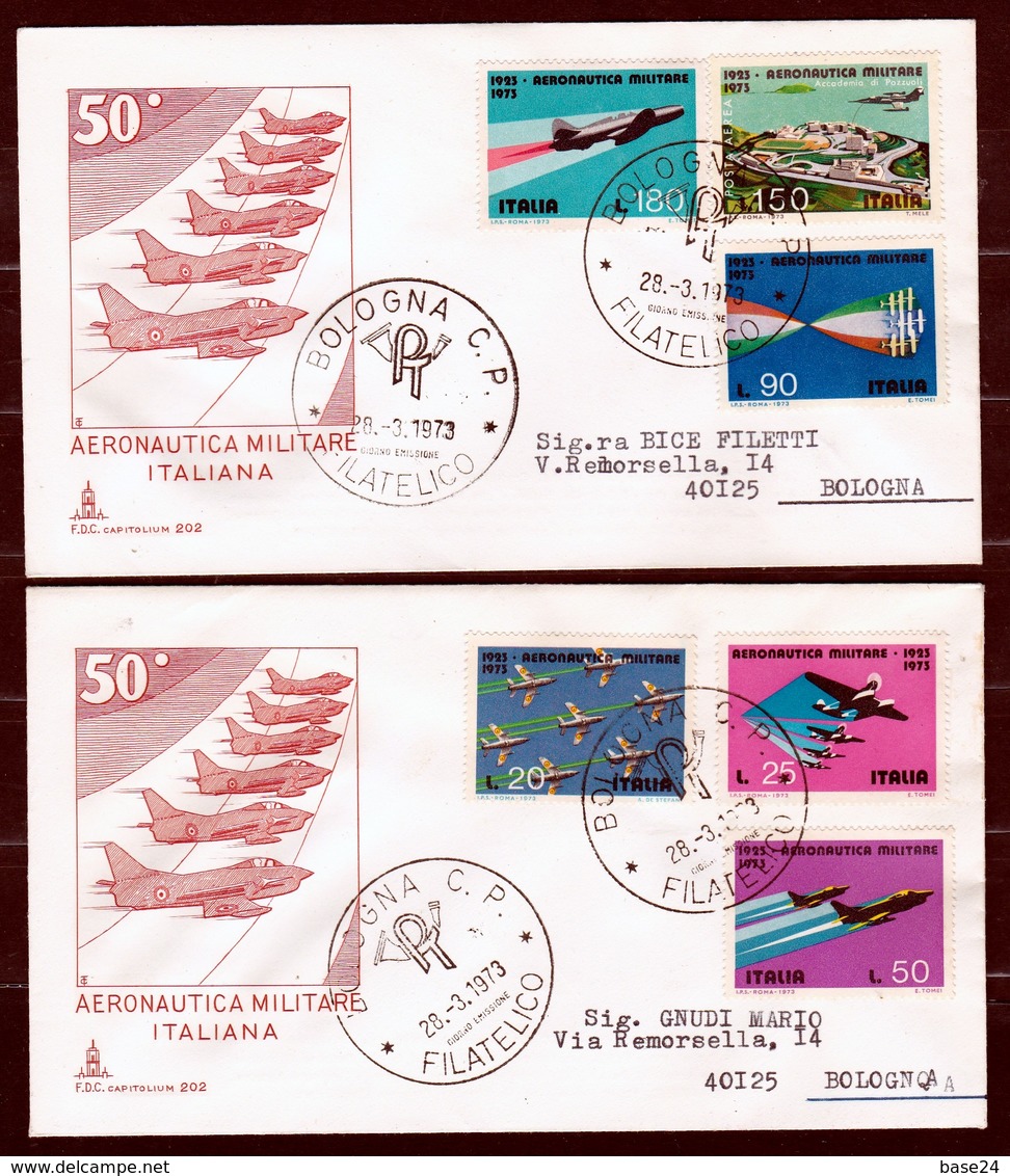 1973 Italia Italy Repubblica 50° AERONAUTICA MILITARE Serie Di 6v Su 2 FDC Capitolium Viaggiate Bologna Affr. 95L E 420L - Militaria