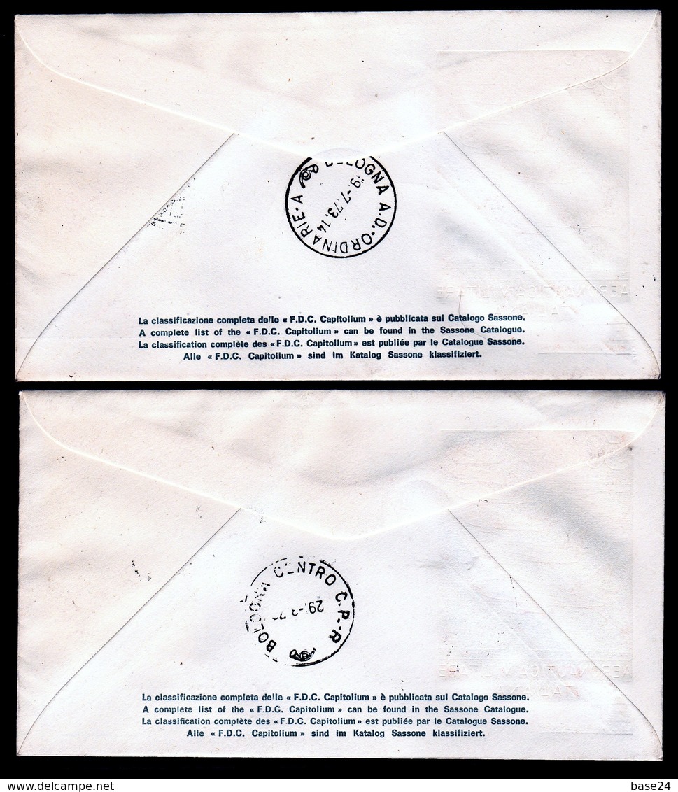 1973 Italia Italy Repubblica 50° AERONAUTICA MILITARE Serie Di 6v Su 2 FDC Capitolium Viaggiate Bologna Affr. 95L E 420L - Militaria