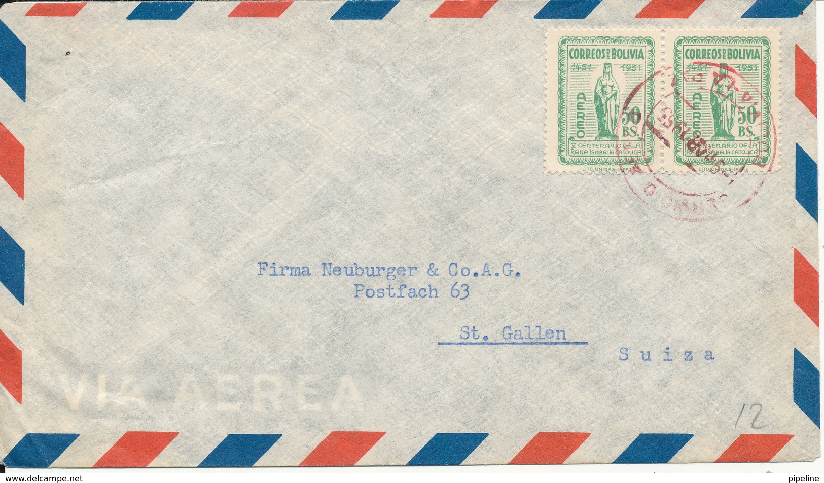 Bolivia Air Mail Cover Sent To Switzerland 9-3-1955 - Bolivia